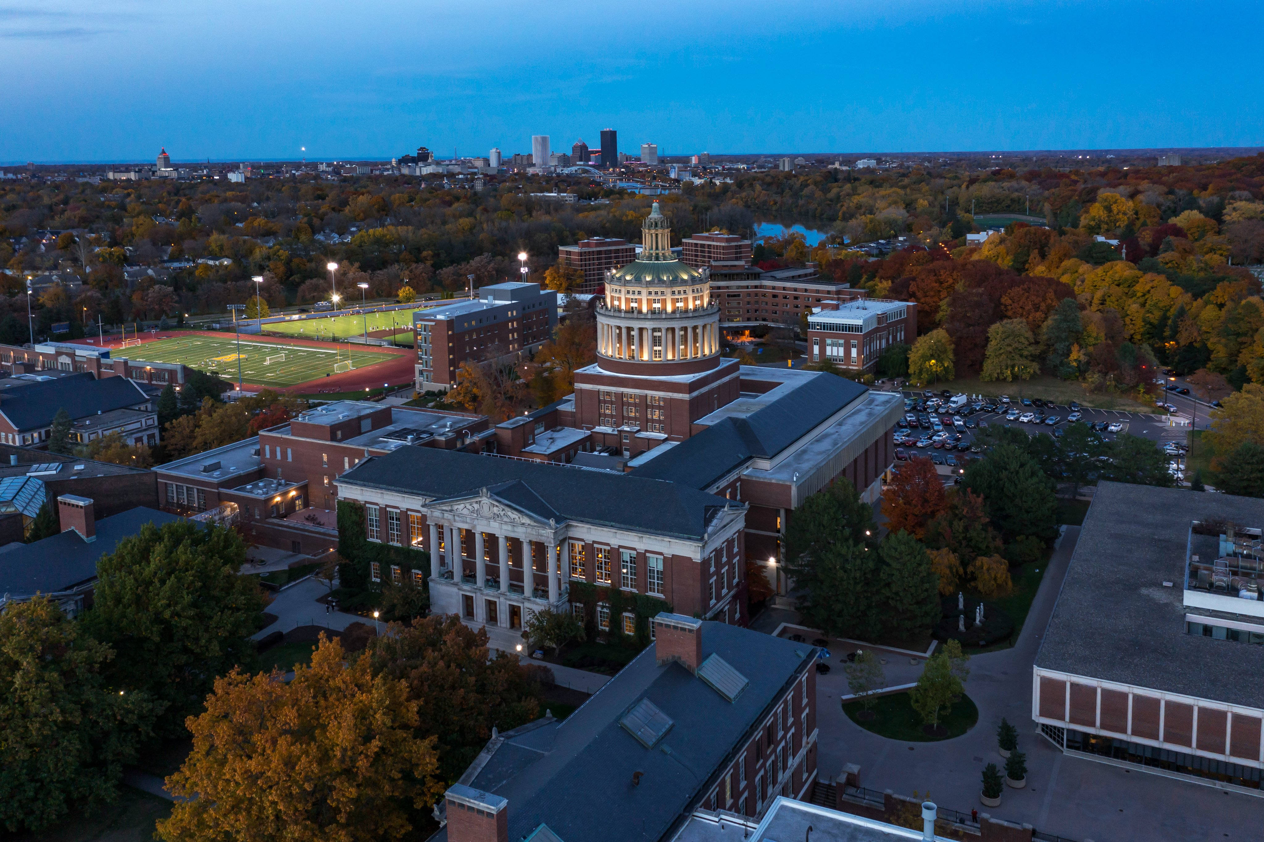 University Of Rochester, drone shot, night, 4K Desktop Wallpaper