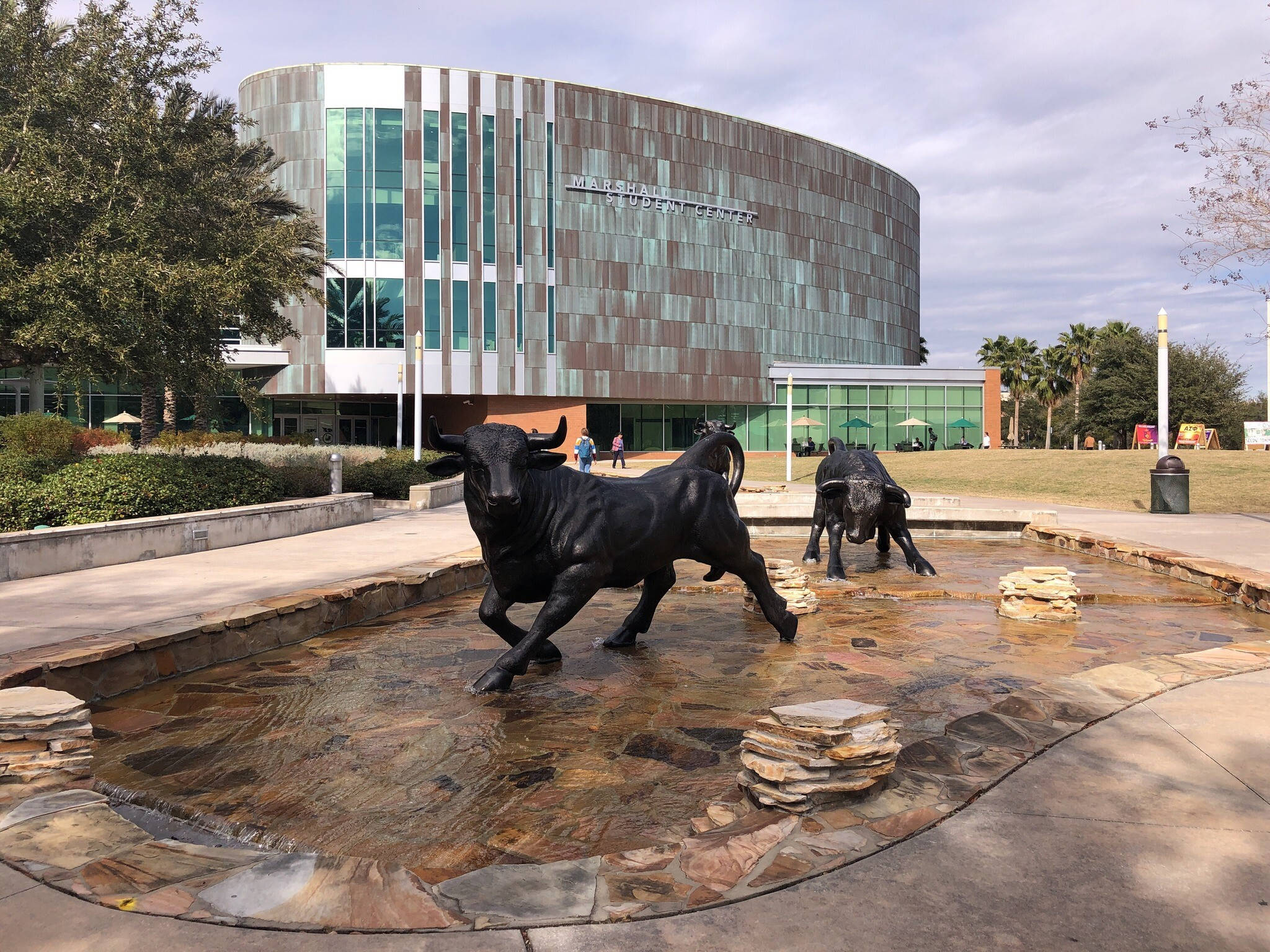 bulls statue, University Of South Florida, stone fountain, Full HD Desktop Wallpaper