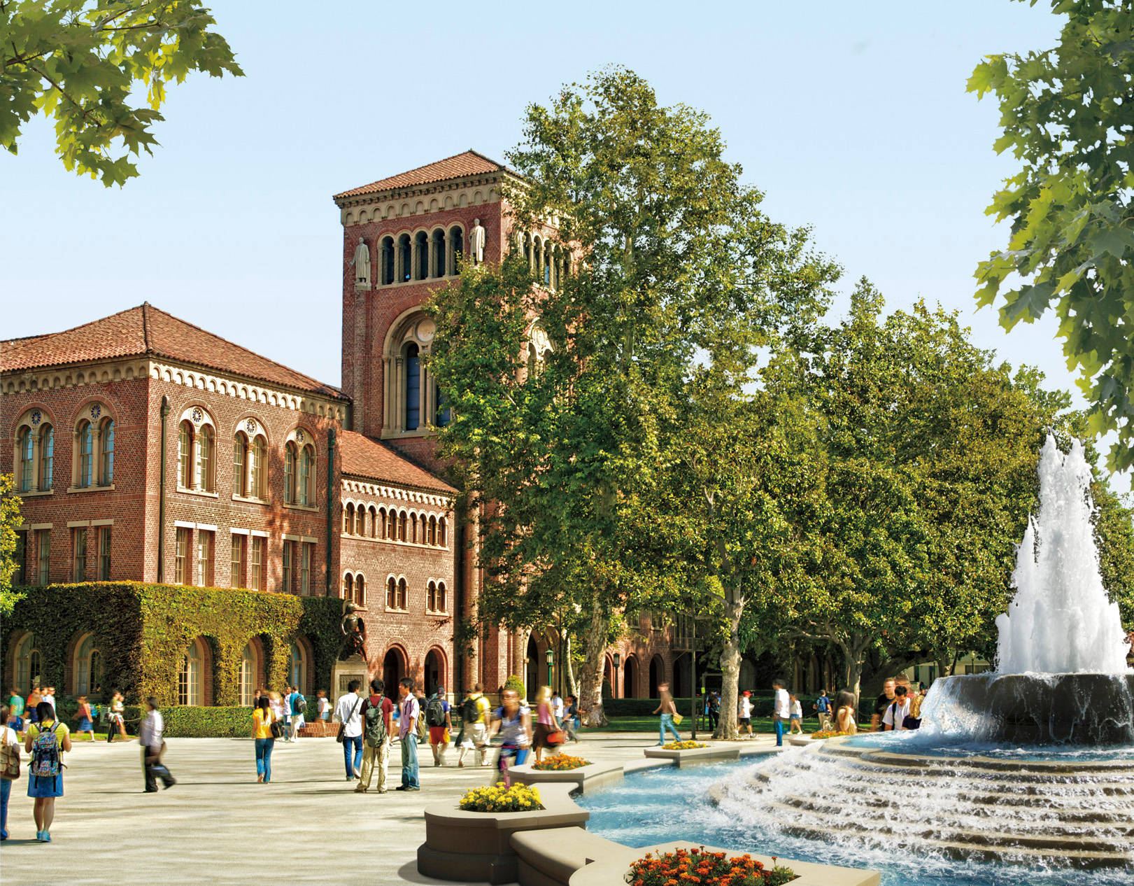 University Of Southern California, red brick building, cascading fountain, HD Desktop Wallpaper
