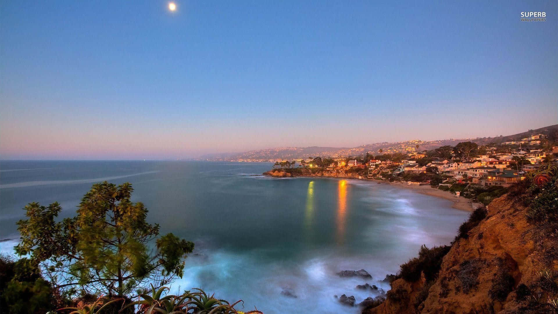 Southern California, moonlit coastal town, dusk, Full HD Desktop Wallpaper