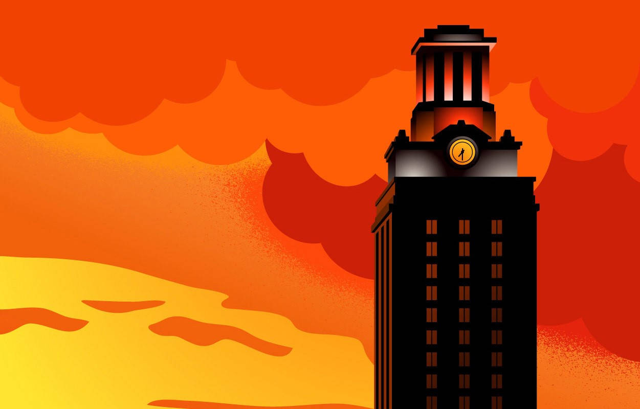 University Of Texas, clock tower, fiery orange and yellow sunset, SD Desktop Wallpaper