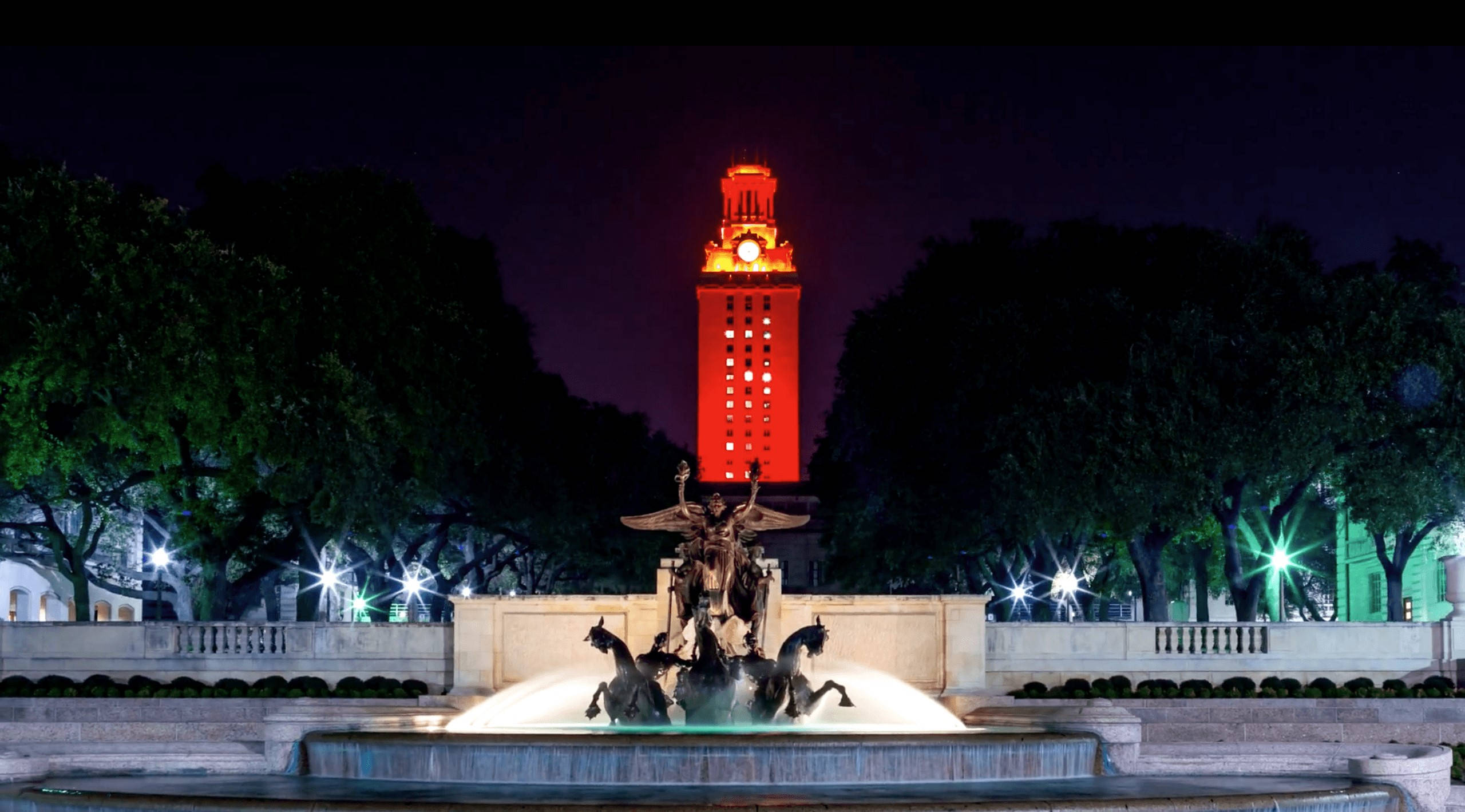 University Of Texas, red clock tower, fountain, 2K Desktop Wallpaper