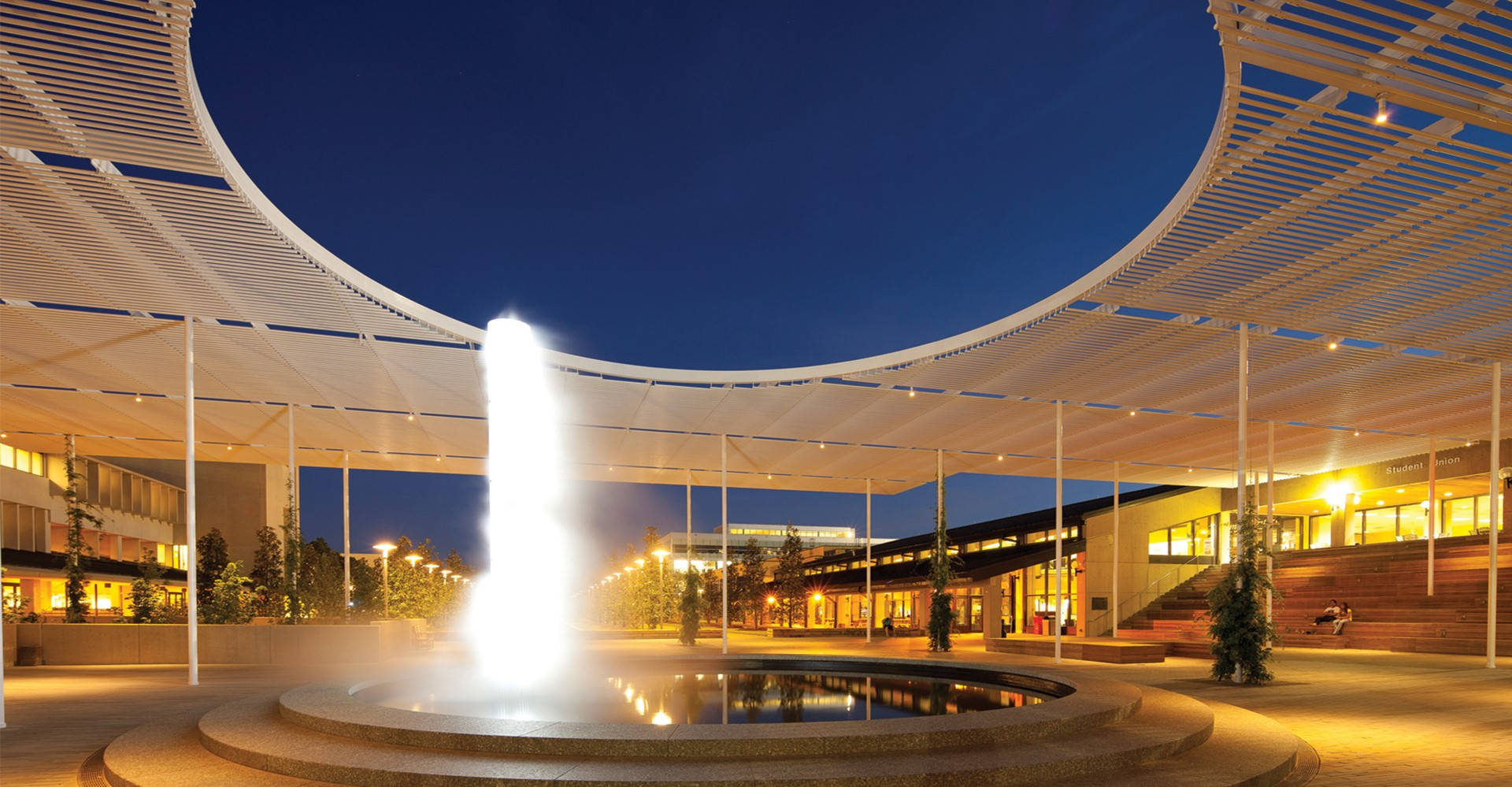 University Of Texas, water fountain, curved white canopy, Full HD Desktop Wallpaper