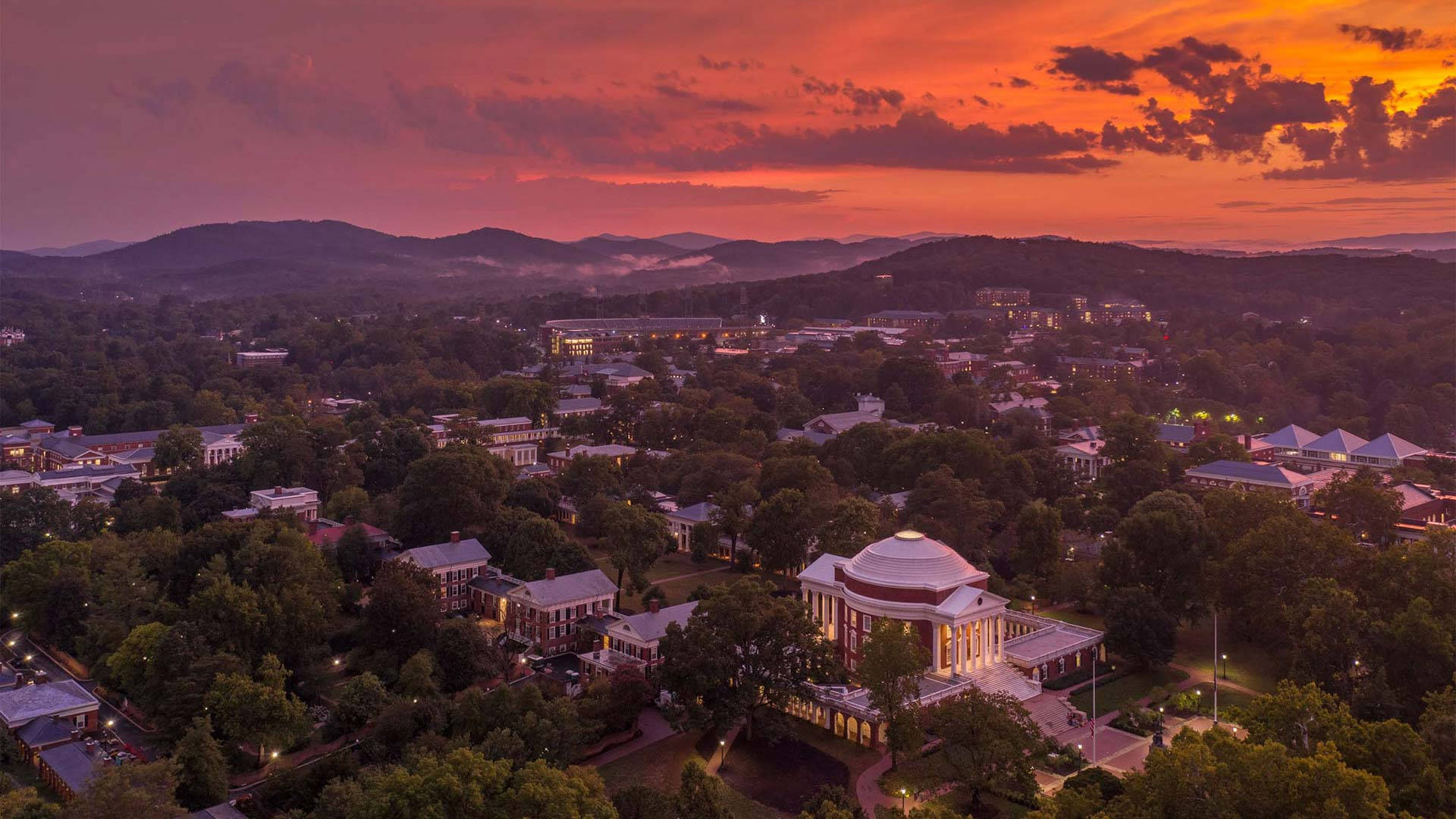 University Of Virginia, sunset, drone shot, Full HD Desktop Wallpaper
