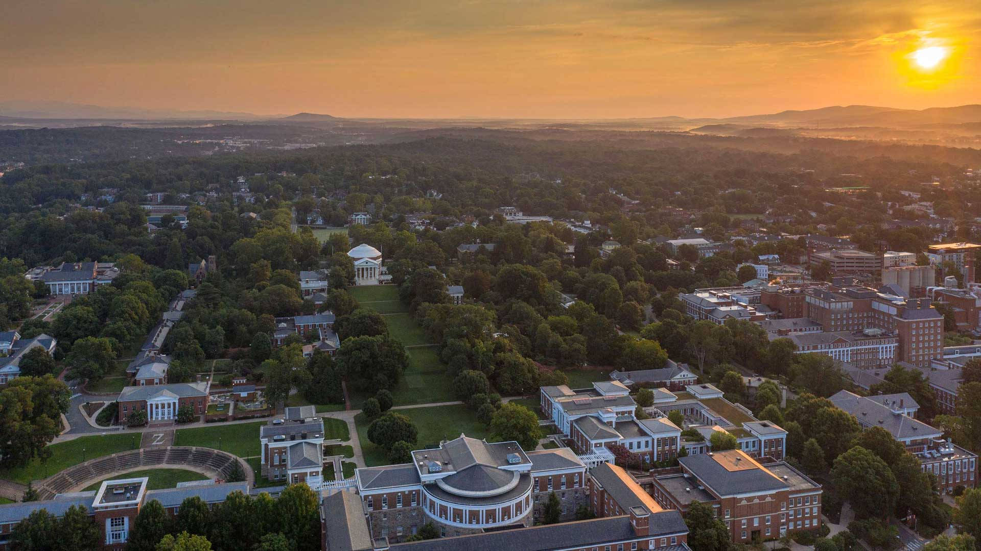 University Of Virginia, drone shot, golden sunset, Full HD Desktop Wallpaper