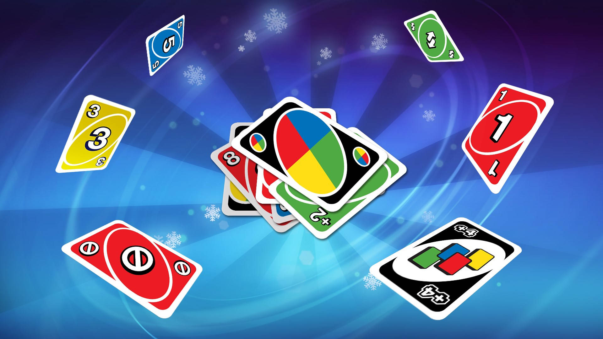 Uno, swirling blue background, snowflakes, Full HD Desktop Wallpaper