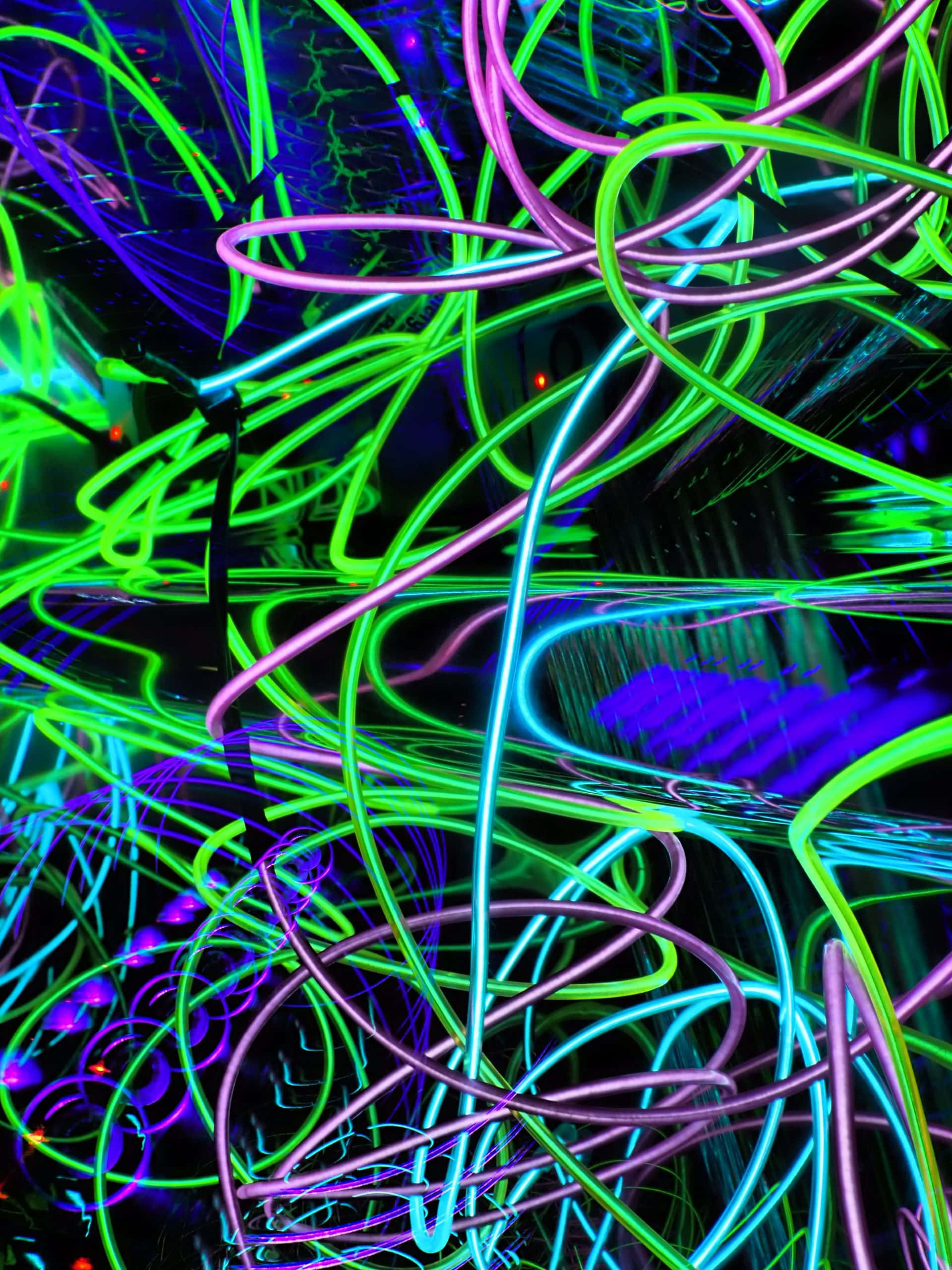 neon tubes, green, purple, 2K Phone Wallpaper