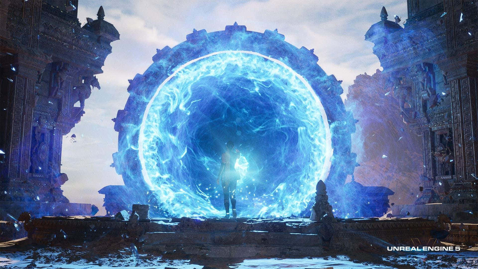 Unreal Engine 5, glowing blue energy portal, ruined temple, Full HD Desktop Wallpaper