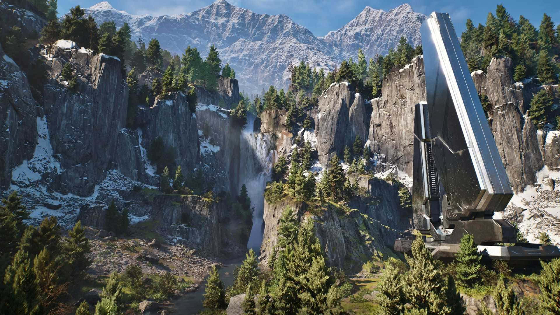 Unreal Engine 5, metallic monolith, snowy mountain valley, Full HD Desktop Wallpaper