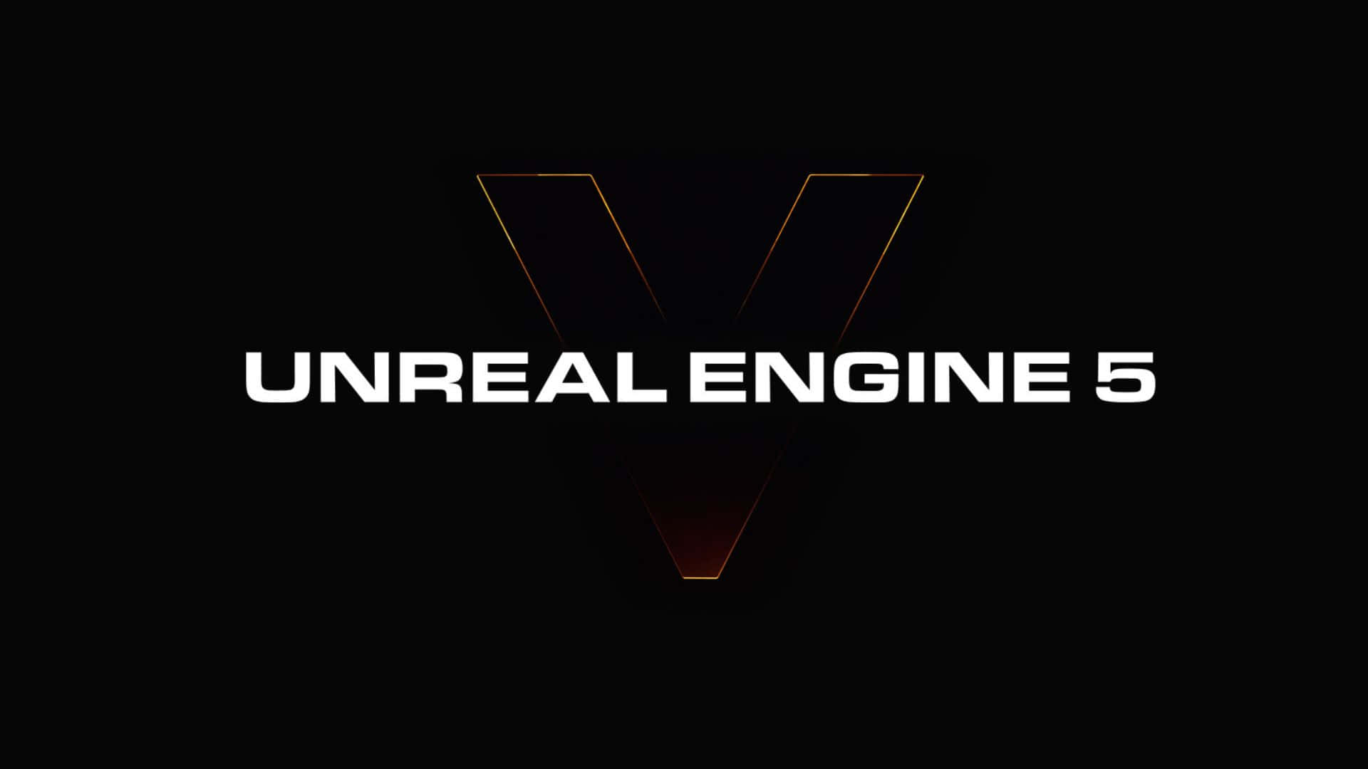 Unreal Engine 5, glowing gold V shape, bold white text, Full HD Desktop Wallpaper