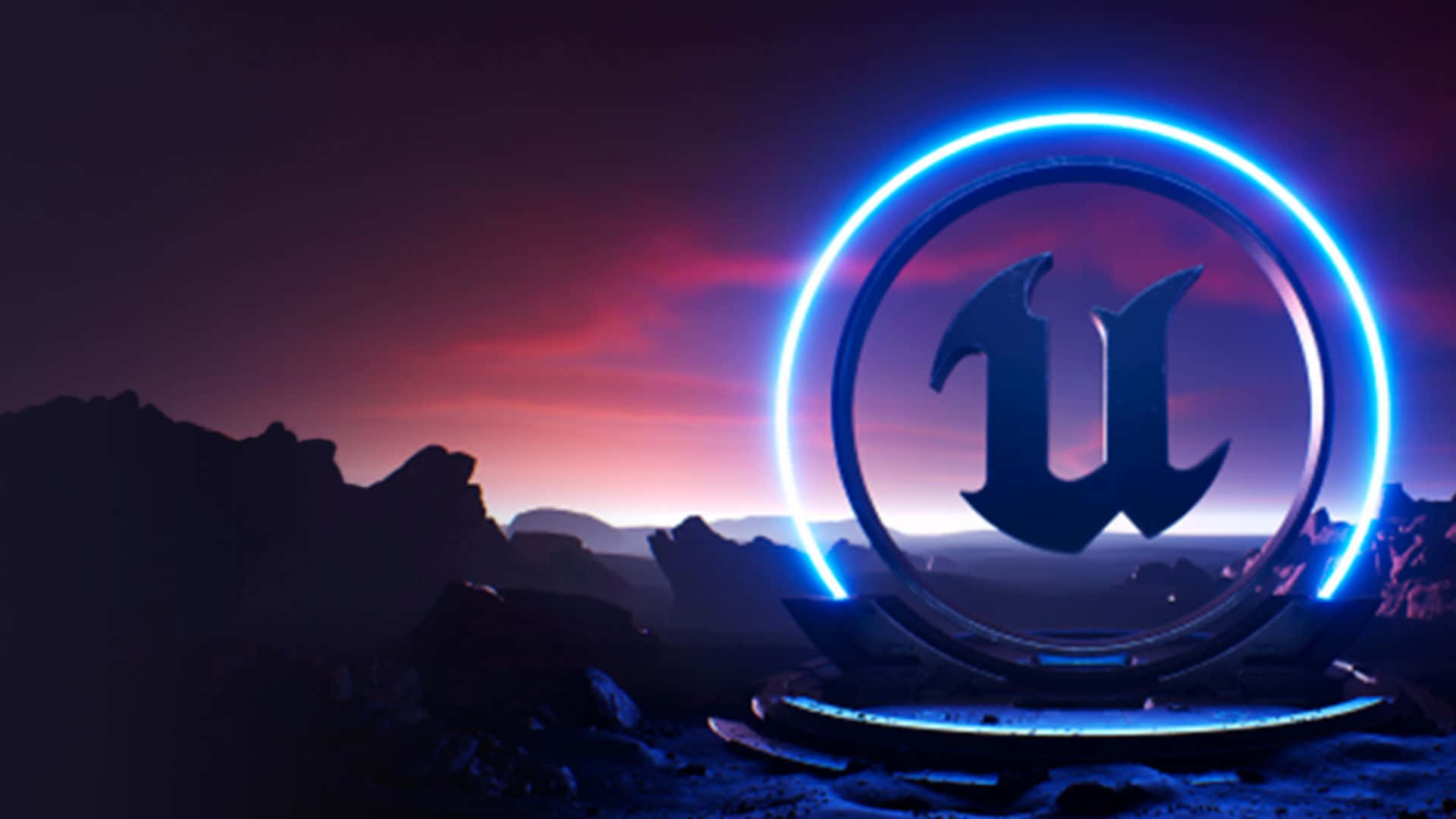 Unreal Engine 5, glowing blue neon ring, stylized 'U' logo, Full HD Desktop Wallpaper
