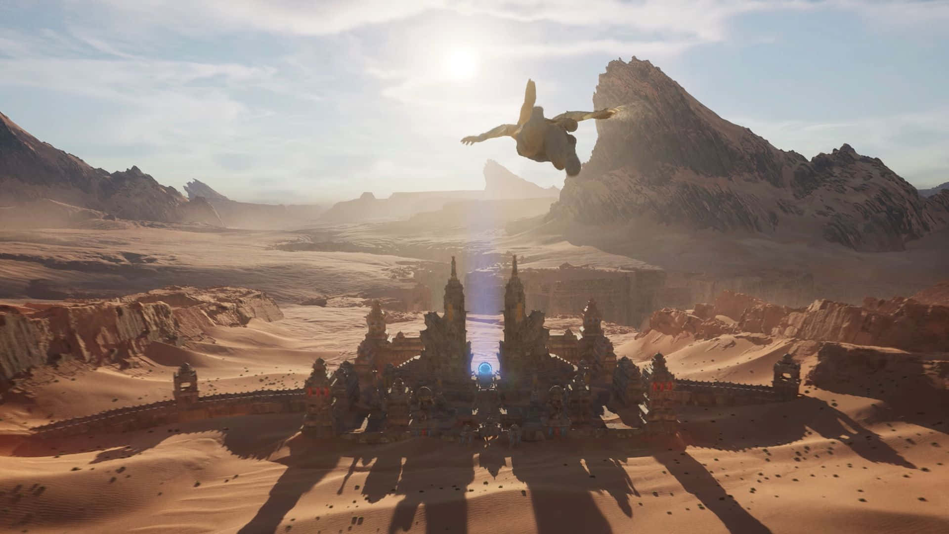 Unreal Engine 5, desert fortress, glowing blue core, Full HD Desktop Wallpaper