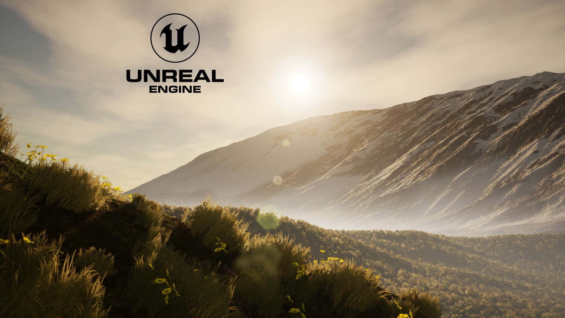 Unreal Engine 5, Unreal Engine logo, snow dusted mountains, Full HD Desktop Wallpaper