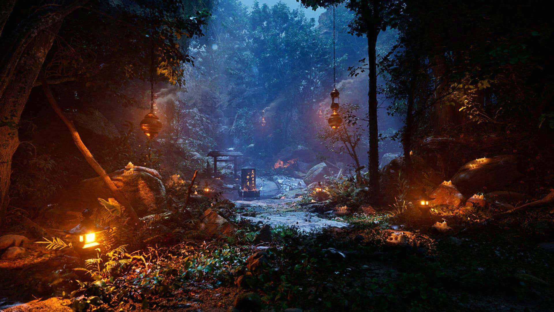 Unreal Engine 5, forest path, warm lanterns, Full HD Desktop Wallpaper