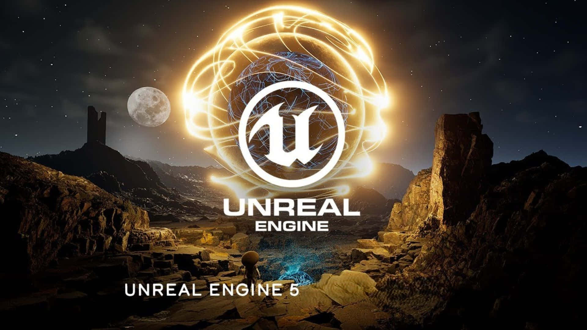 Unreal Engine 5, glowing logo, rocky desert landscape, Full HD Desktop Wallpaper