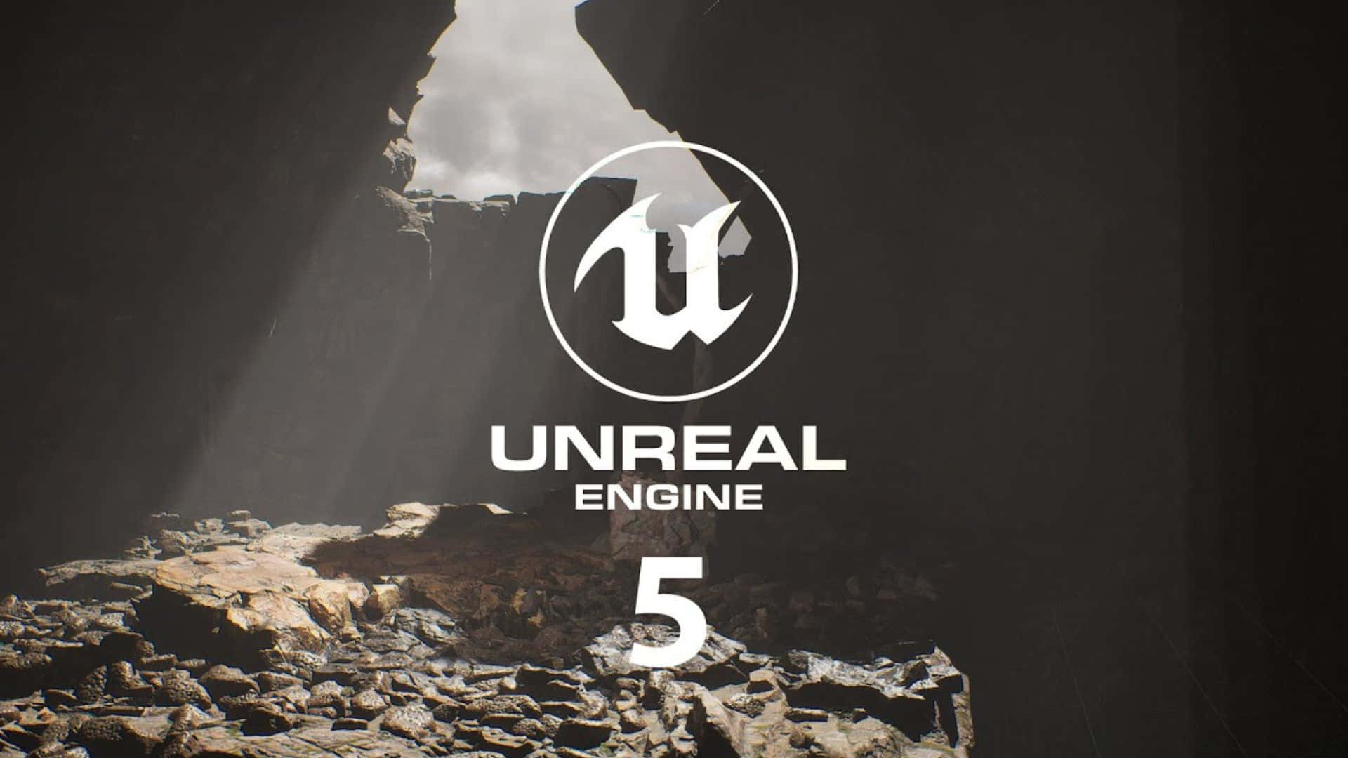 Unreal Engine 5, logo, dark rocky cave, Full HD Desktop Wallpaper