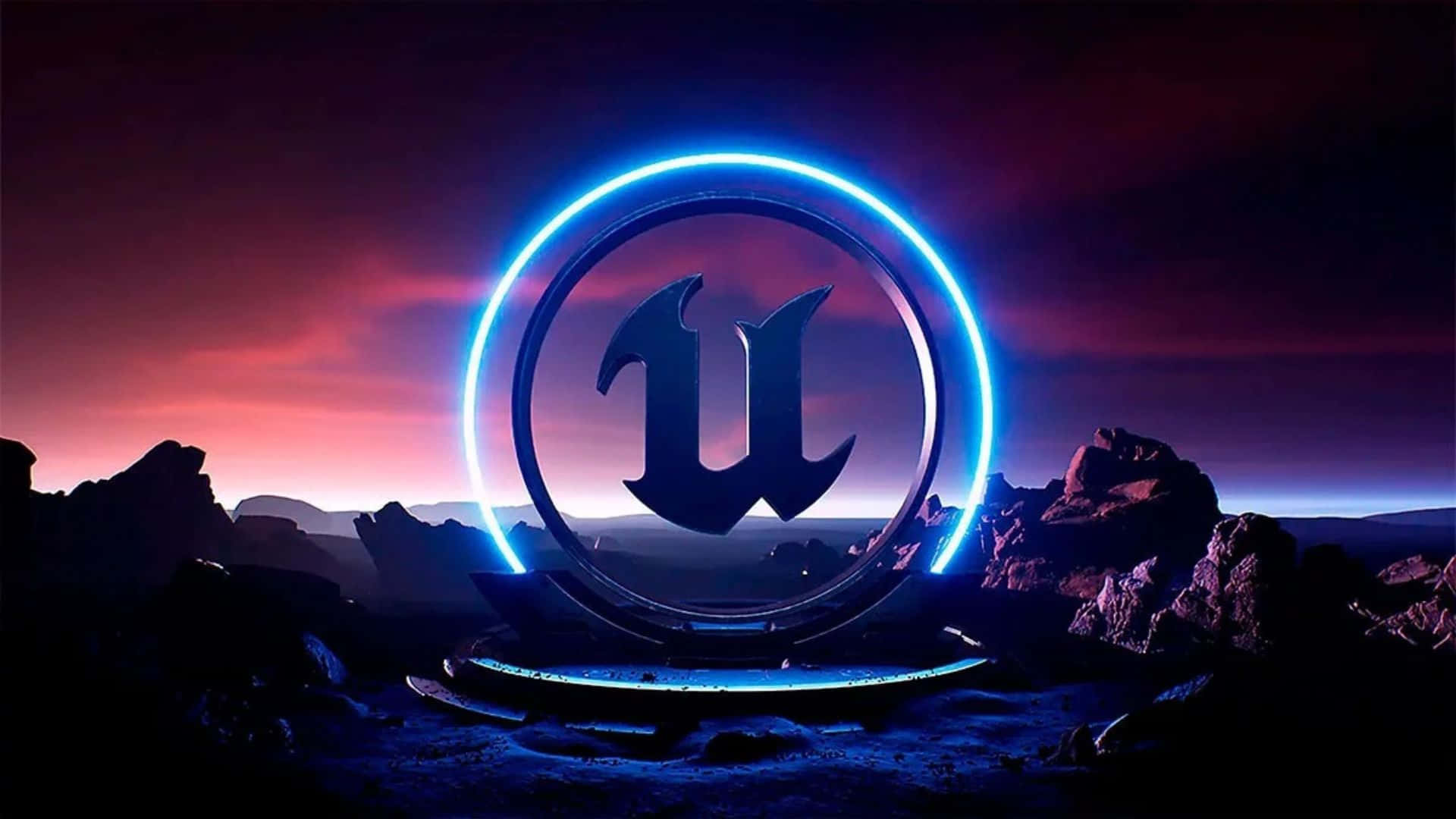 Unreal Engine 5, glowing blue neon ring, stylized 'U' logo, Full HD Desktop Wallpaper