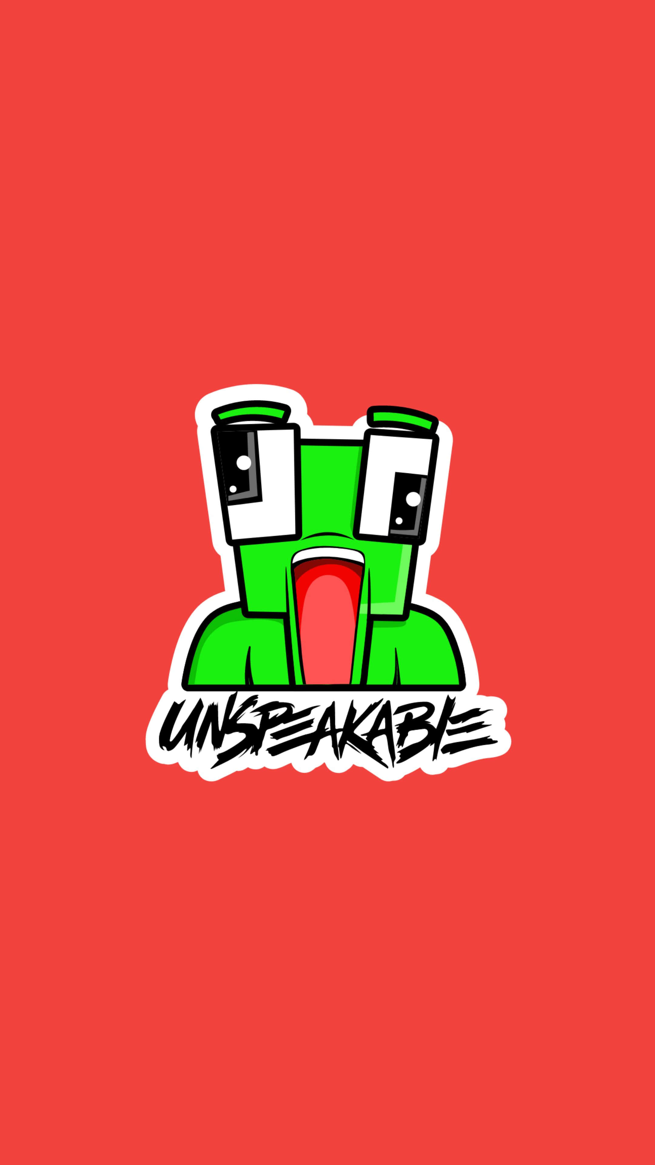 Unspeakable Logo, red background, green blocky cartoon character, 4K Phone Wallpaper