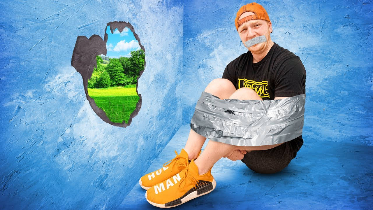 Unspeakable, duct tape, blue wall, HD Desktop Wallpaper