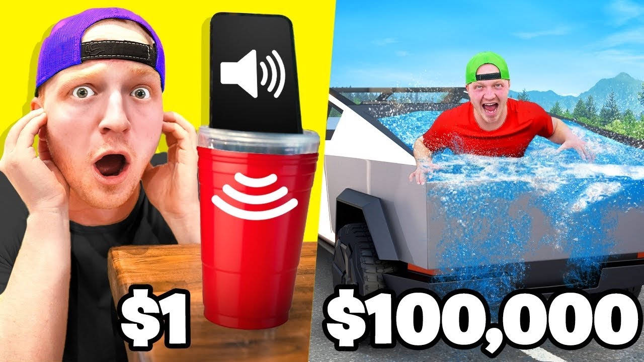 Unspeakable, red cup labeled $1, Tesla submerged in water marked $100000, HD Desktop Wallpaper