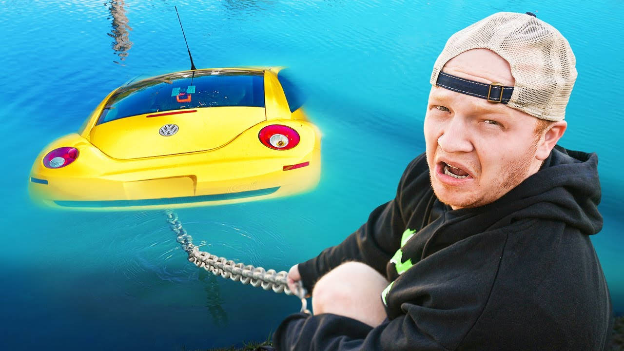 Unspeakable, yellow Volkswagen Beetle, turquoise water, HD Desktop Wallpaper