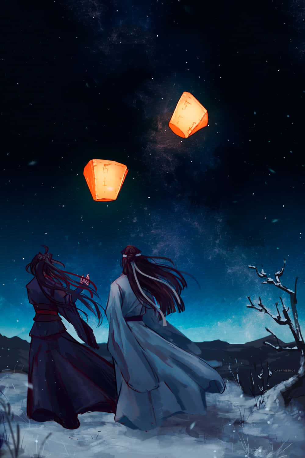 The Untamed, sky lantern, starry winter night sky, HD Phone Wallpaper