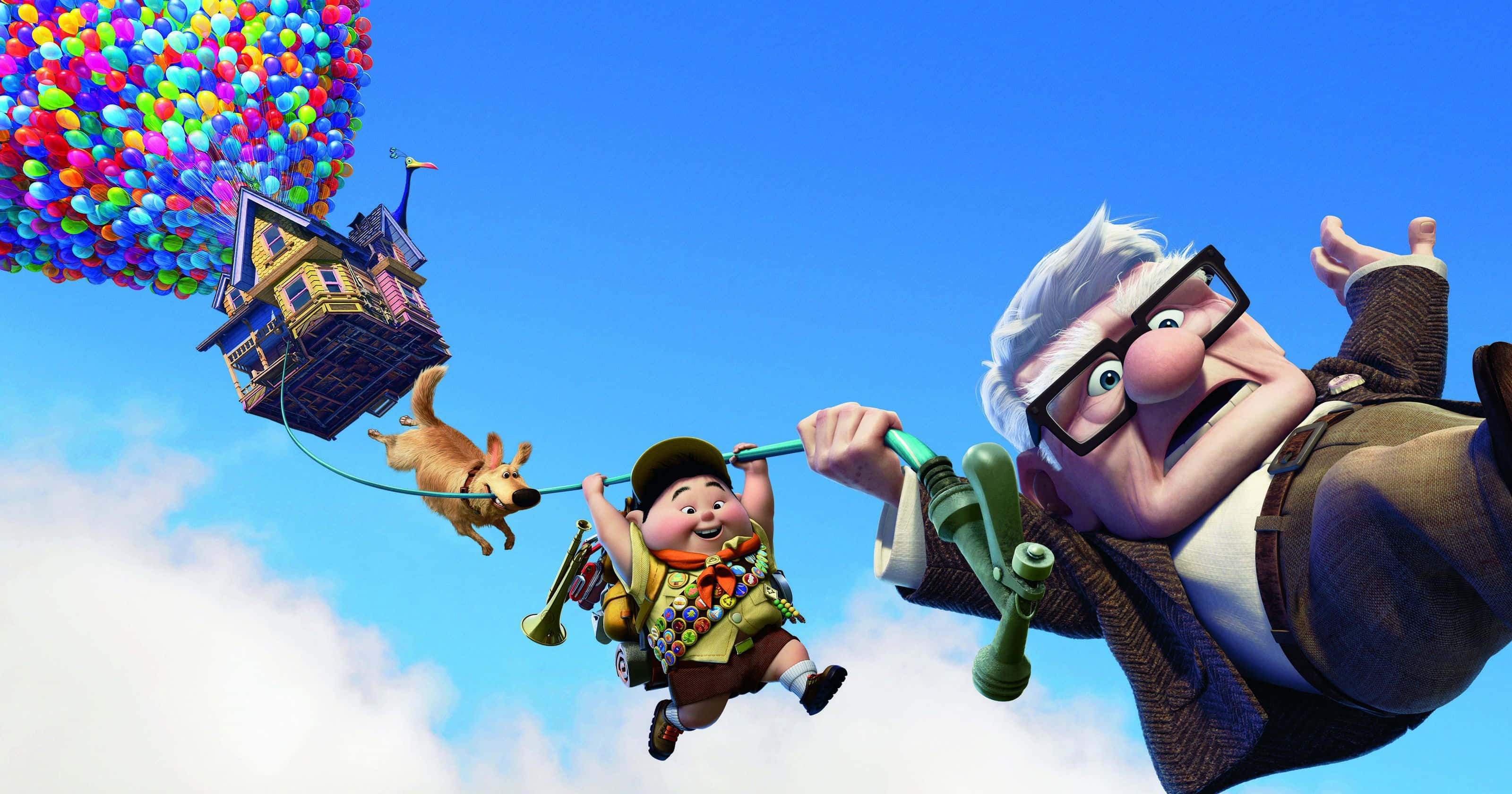 Up Movie, house lifted by colorful balloons, bright blue sky, 2K Desktop Wallpaper