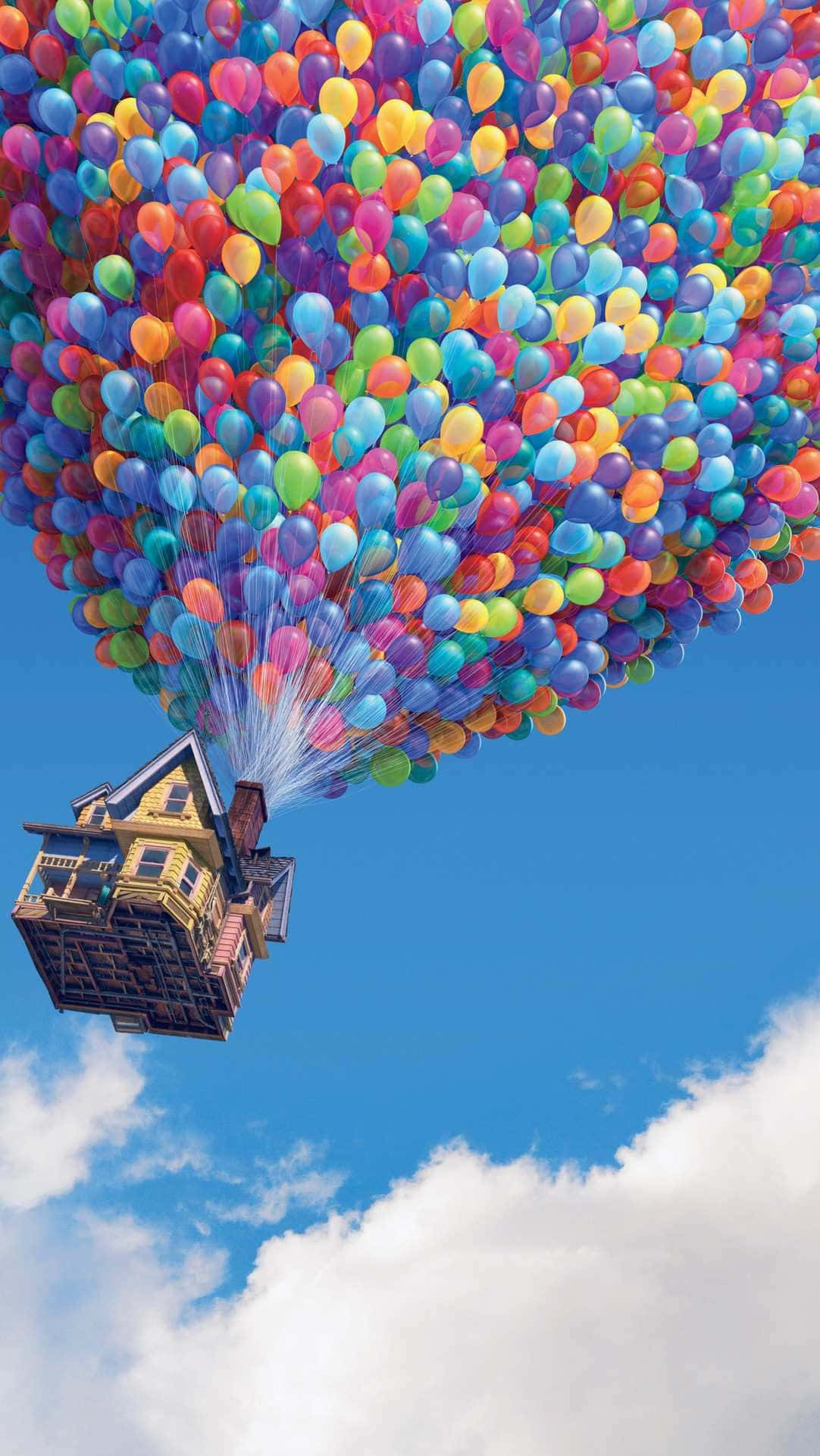 Up Movie, yellow house, vibrant multicolored balloons, Full HD Phone Wallpaper