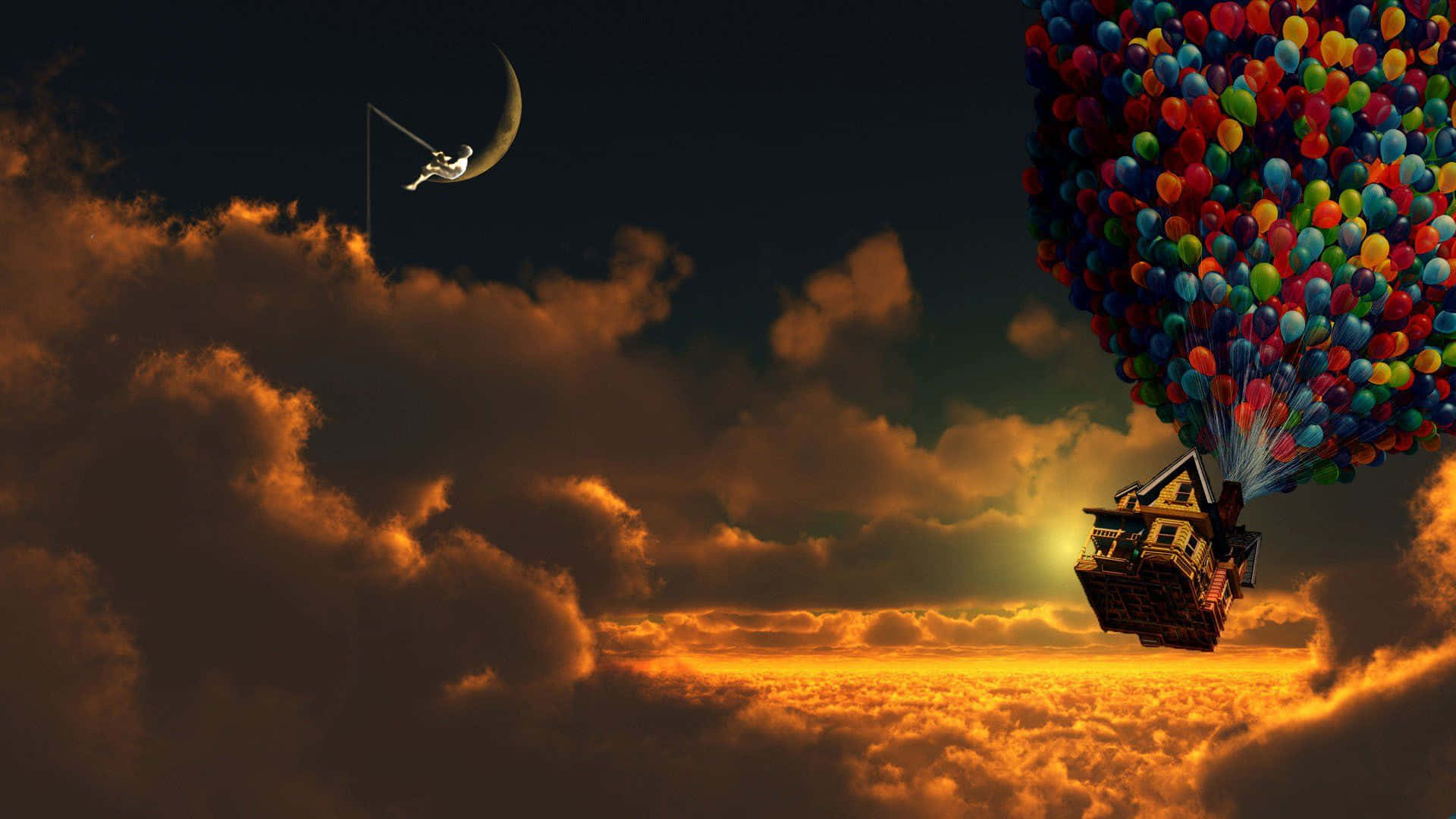 Up Movie, balloon house, sunset, Full HD Desktop Wallpaper