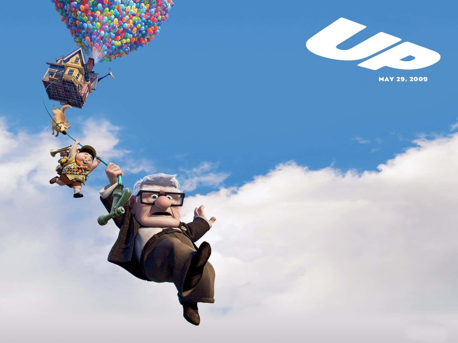 Up Movie, house lifted by thousands of colorful balloons, bright blue sky, HD Desktop Wallpaper