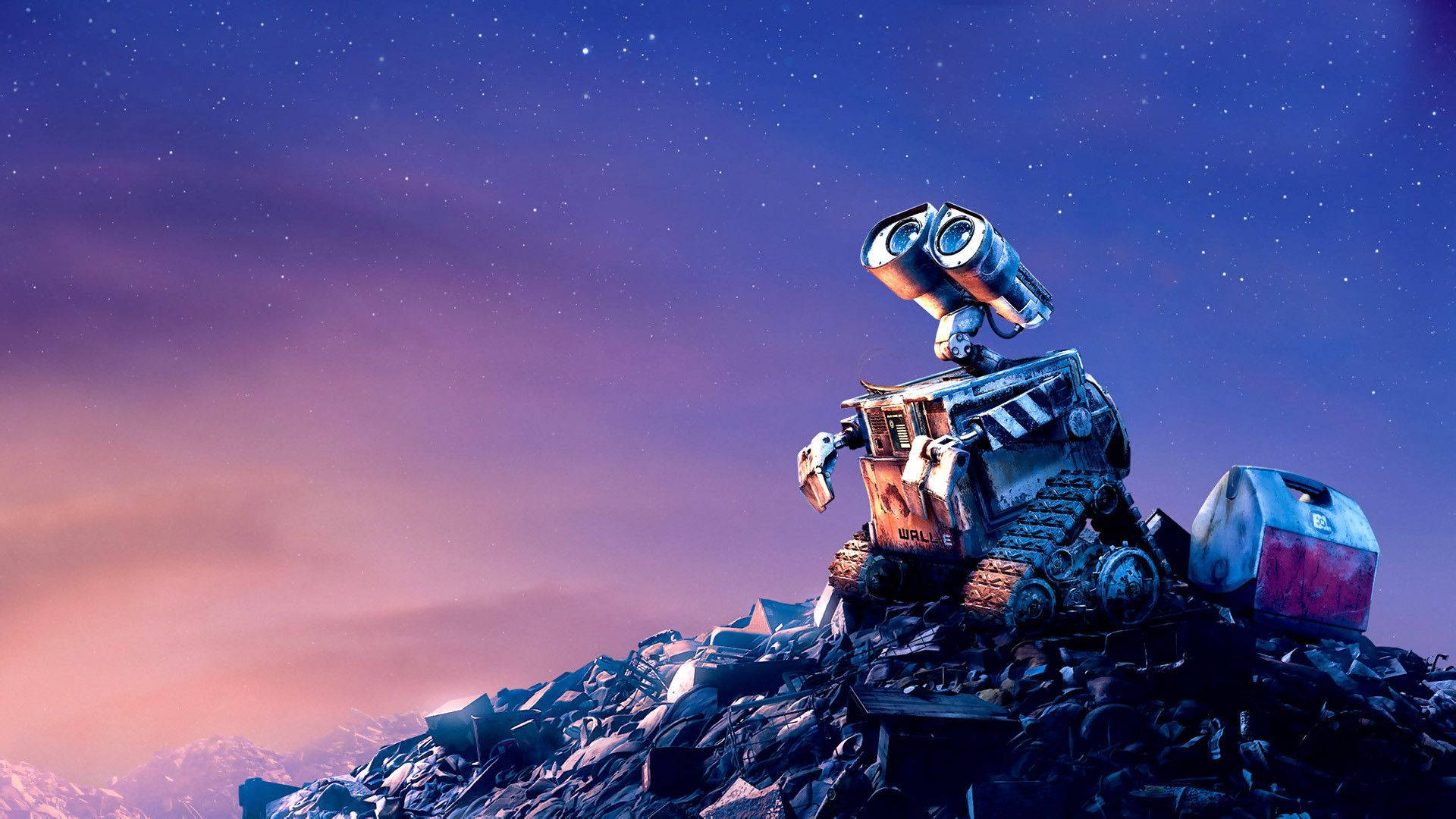 Wall-E, starry twilight sky, snow-capped mountains, Full HD Desktop Wallpaper