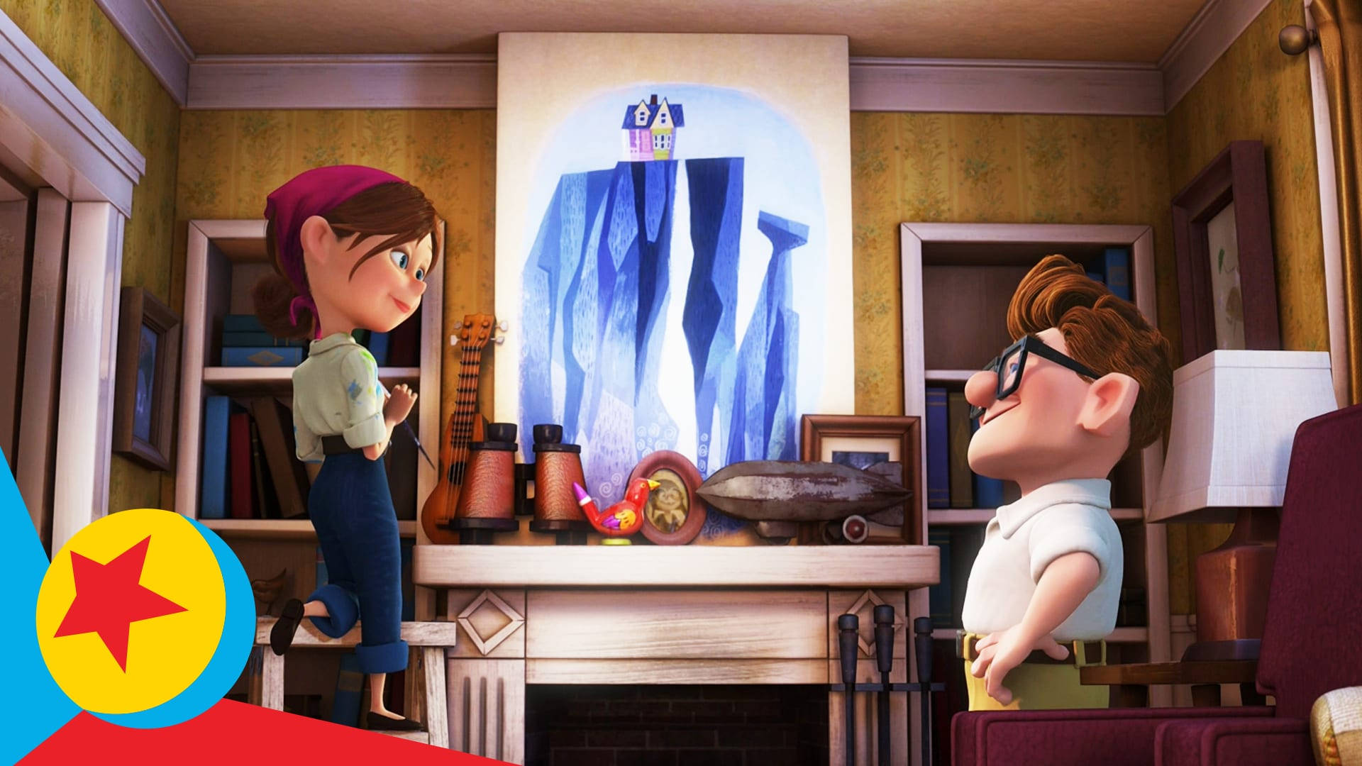 Up Movie, surreal blue mountain painting, warmly lit vintage living room, Full HD Desktop Wallpaper