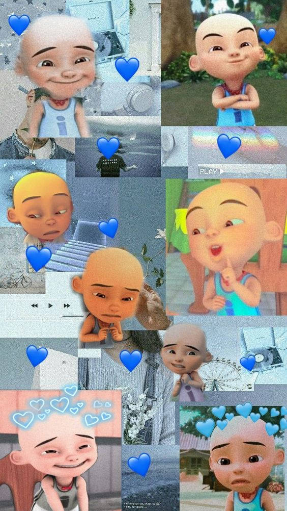 Upin Ipin, blue hearts, animated boy character, SD Phone Wallpaper