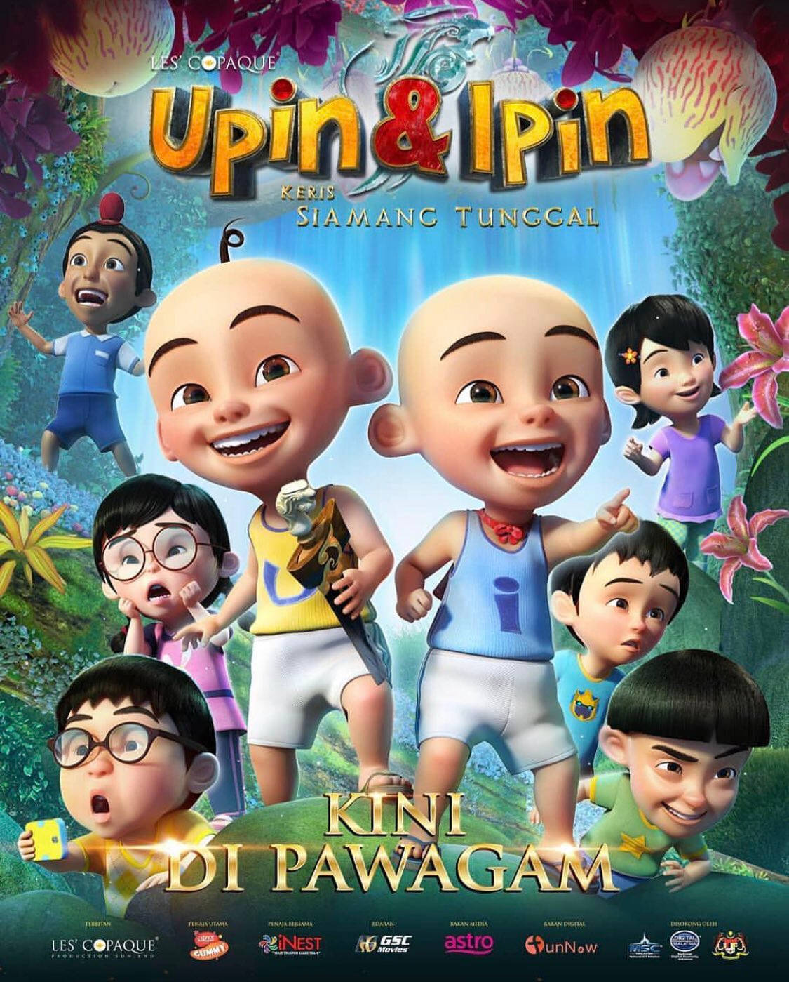 Upin Ipin, jungle setting, colorful flowers, HD Phone Wallpaper