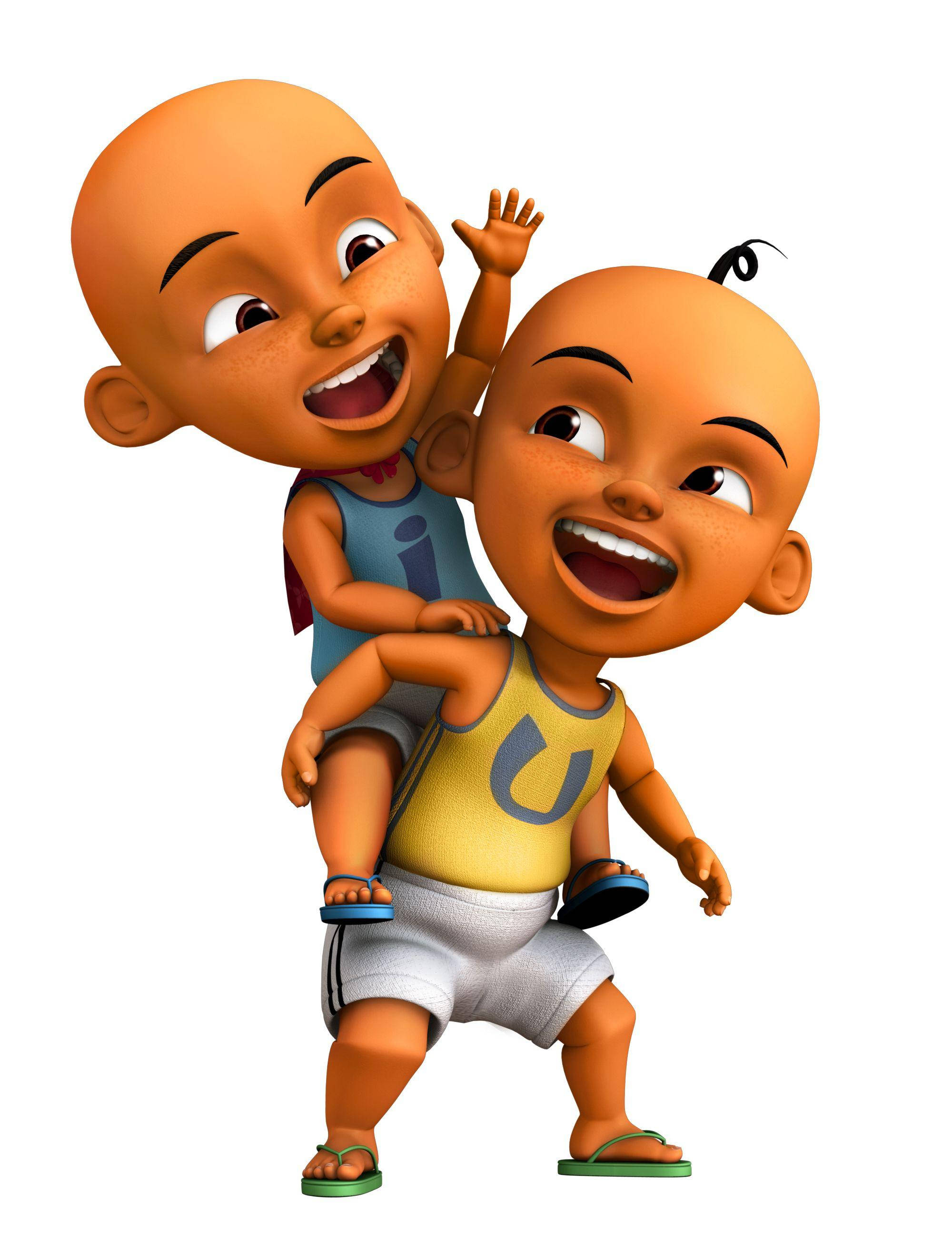 Upin Ipin, piggyback ride, bald cartoon boys, 2K Phone Wallpaper
