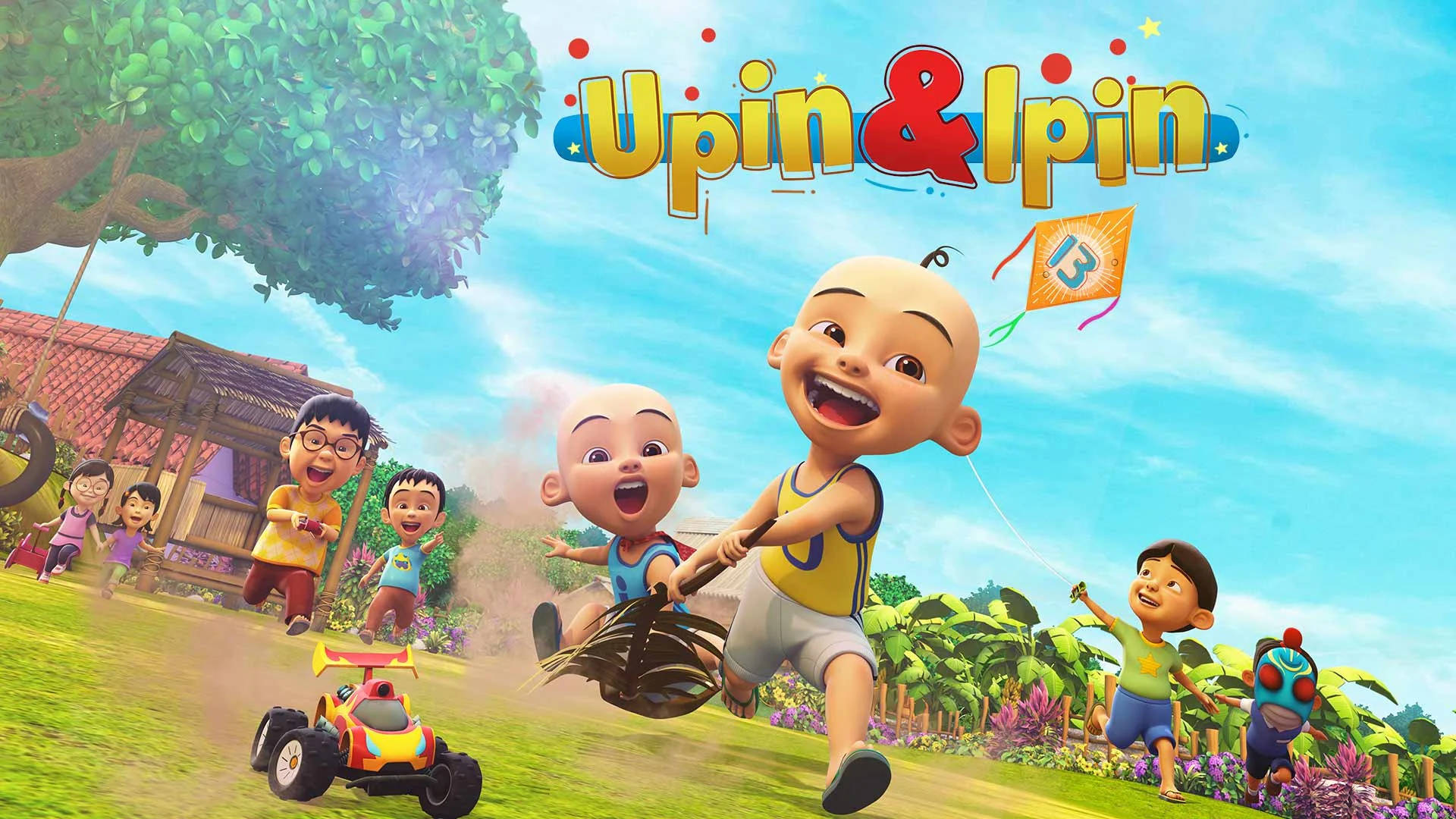 Upin Ipin, toy car, vibrant village yard, Full HD Desktop Wallpaper
