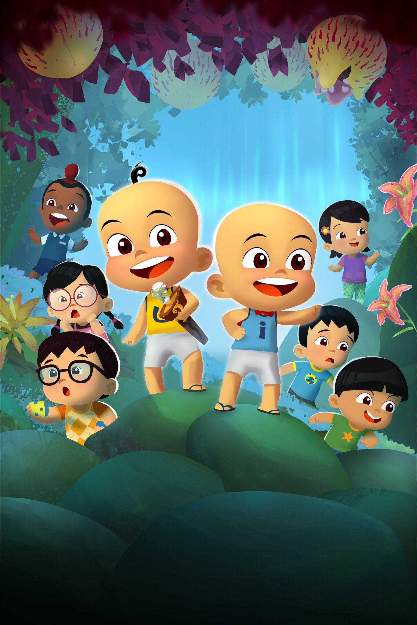 Upin Ipin, Seven animated children, vibrant jungle, Full HD Phone Wallpaper