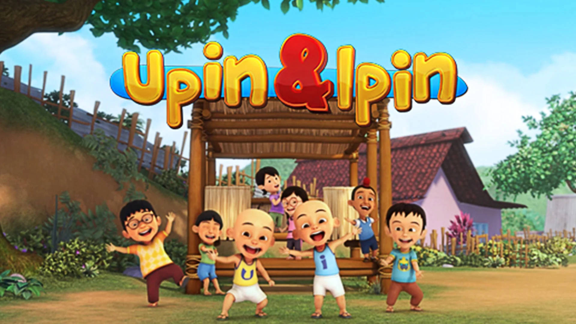 Upin Ipin, friends, gazebo hut, Full HD Desktop Wallpaper