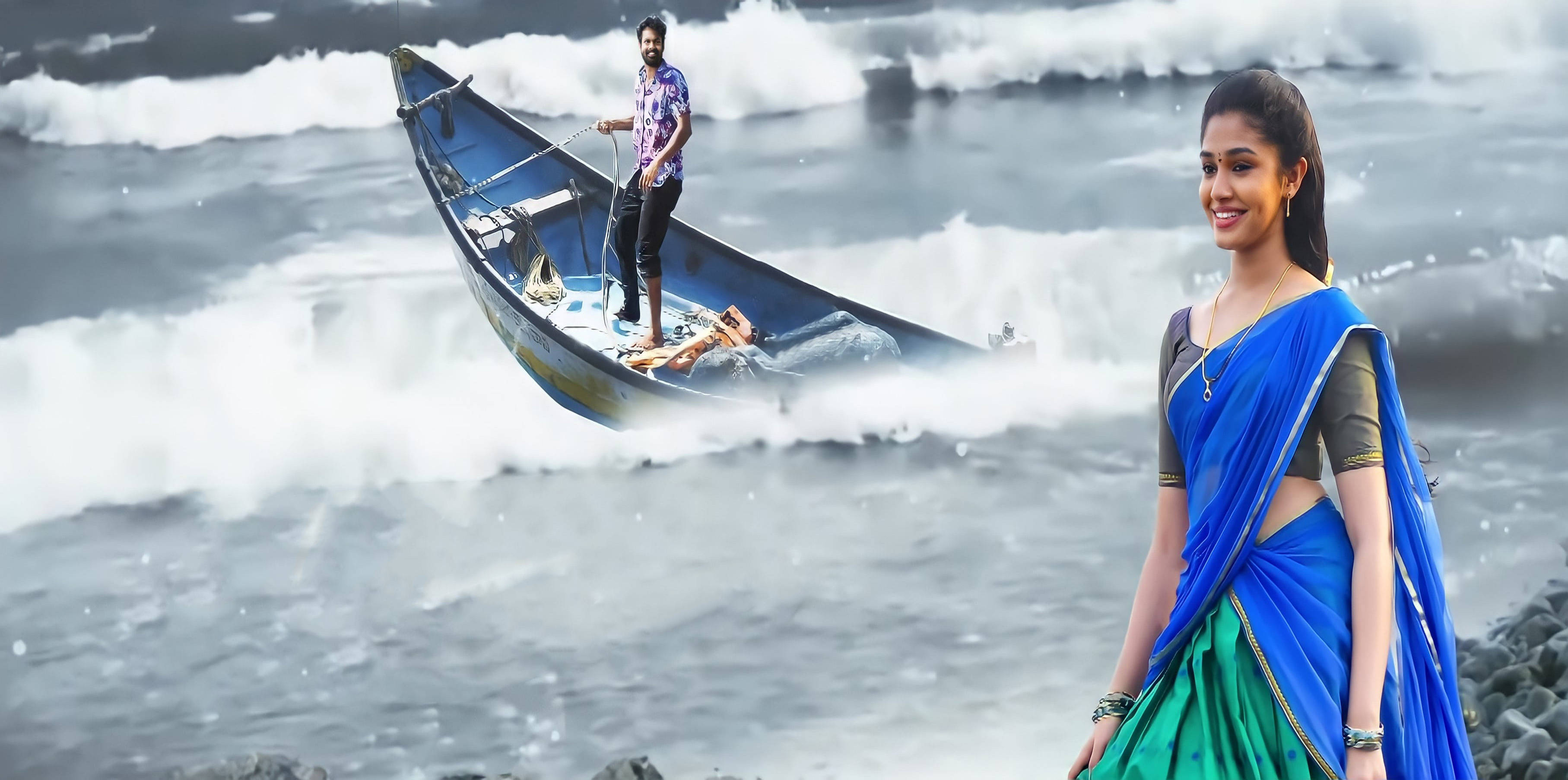 Uppena, blue and green sari, rocky shore, 2K Desktop Wallpaper