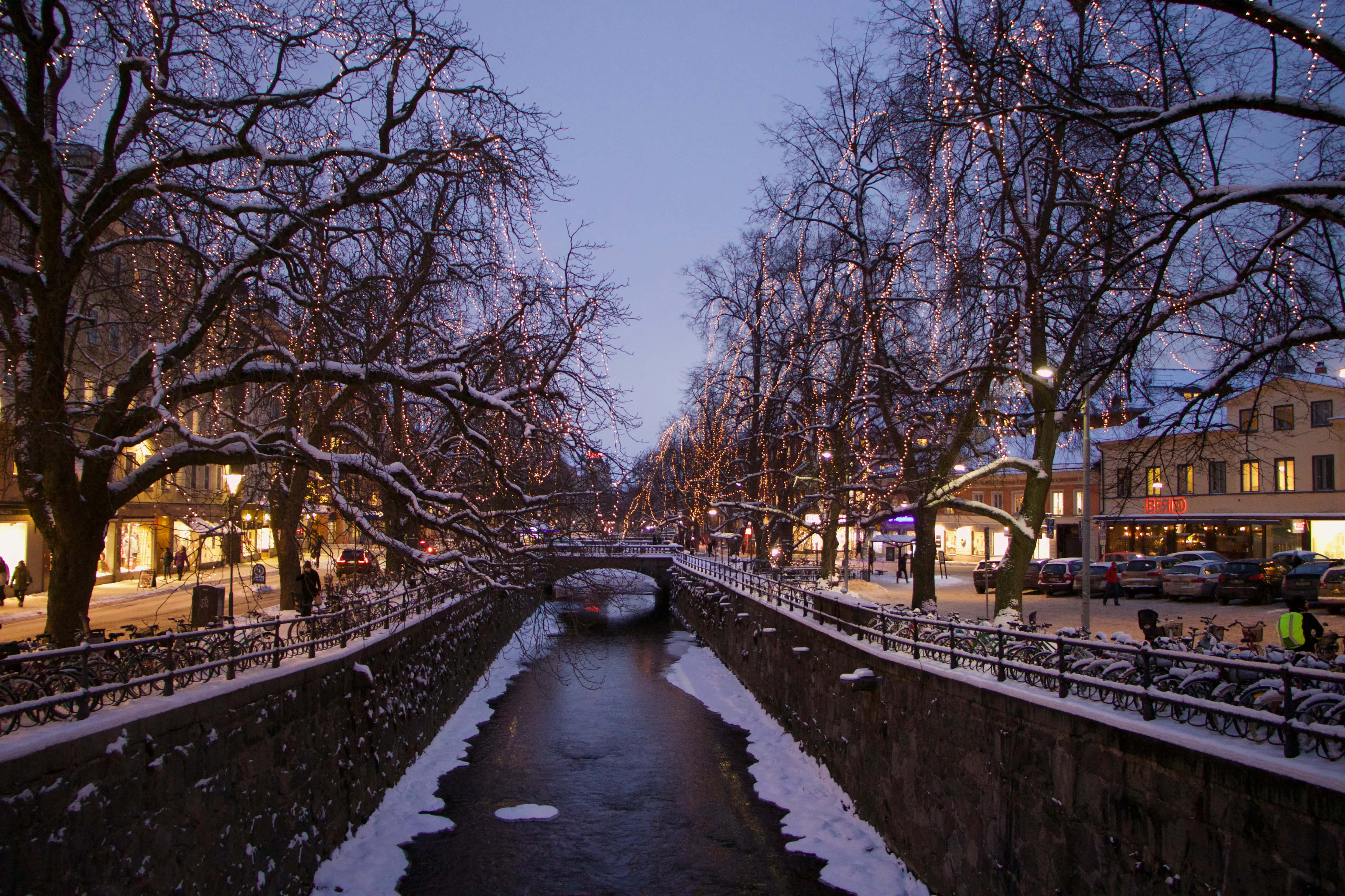 Uppsala, winter evening, canal, 4K Desktop Wallpaper