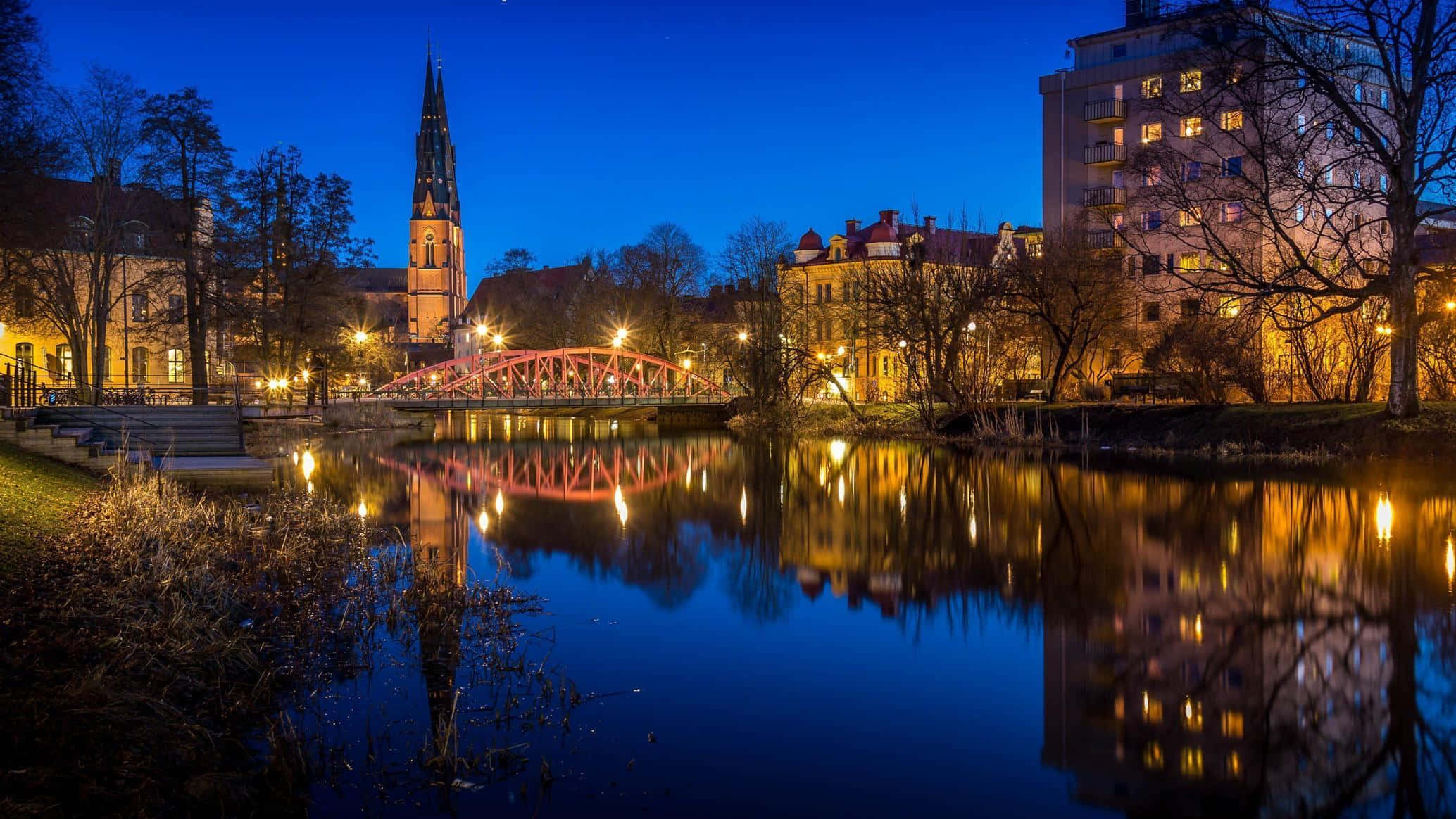 Uppsala, nighttime, river reflections, Full HD Desktop Wallpaper