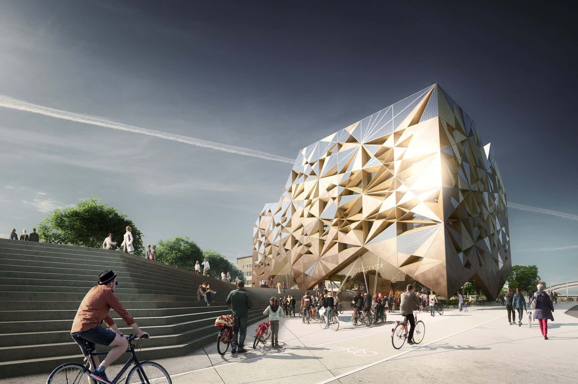 Uppsala, futuristic golden geometric building, bright sunlight, Full HD Desktop Wallpaper