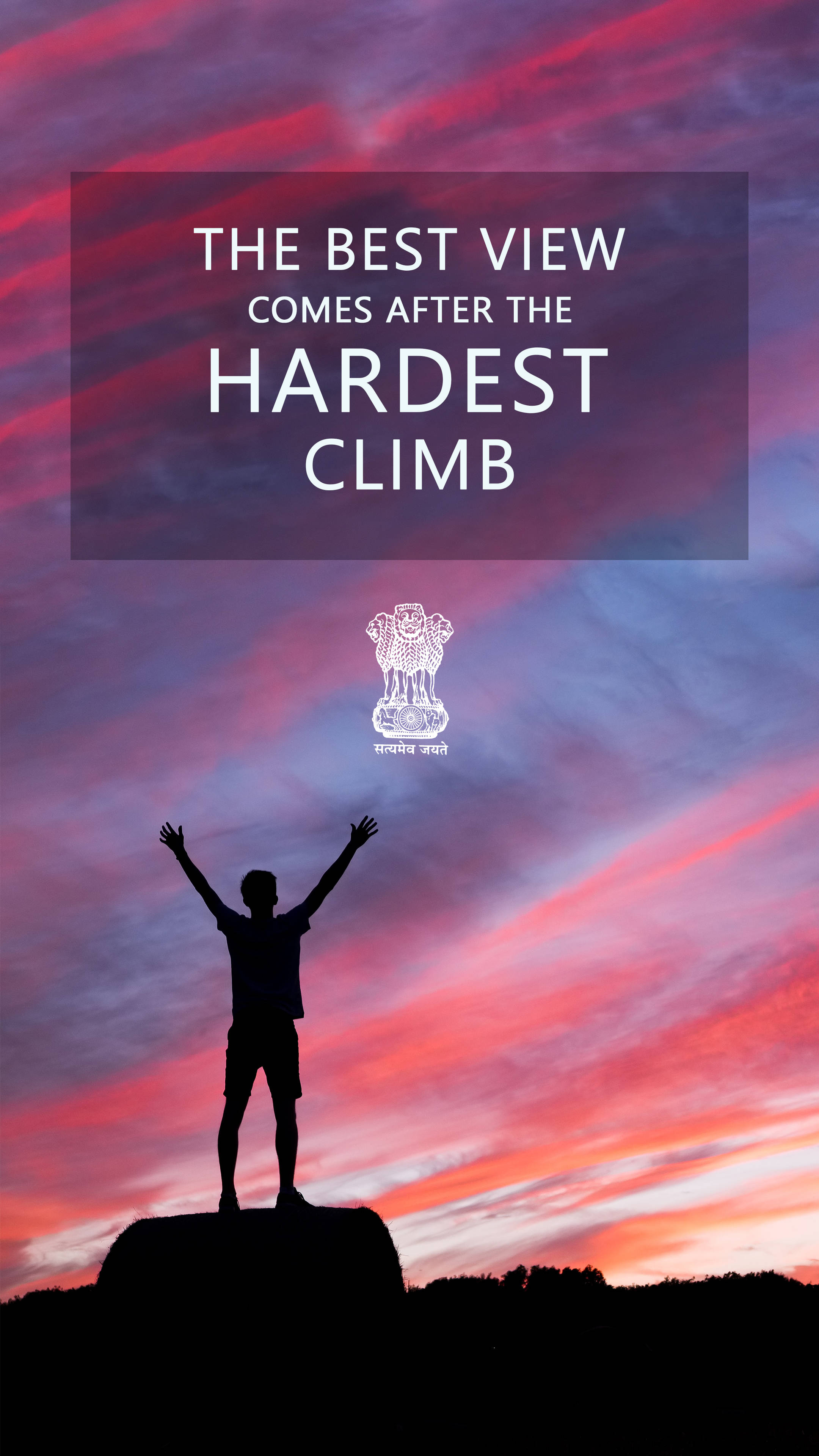 rocky peak, vibrant pink and purple sunset sky, silhouette of a triumphant climber, 4K Phone Wallpaper