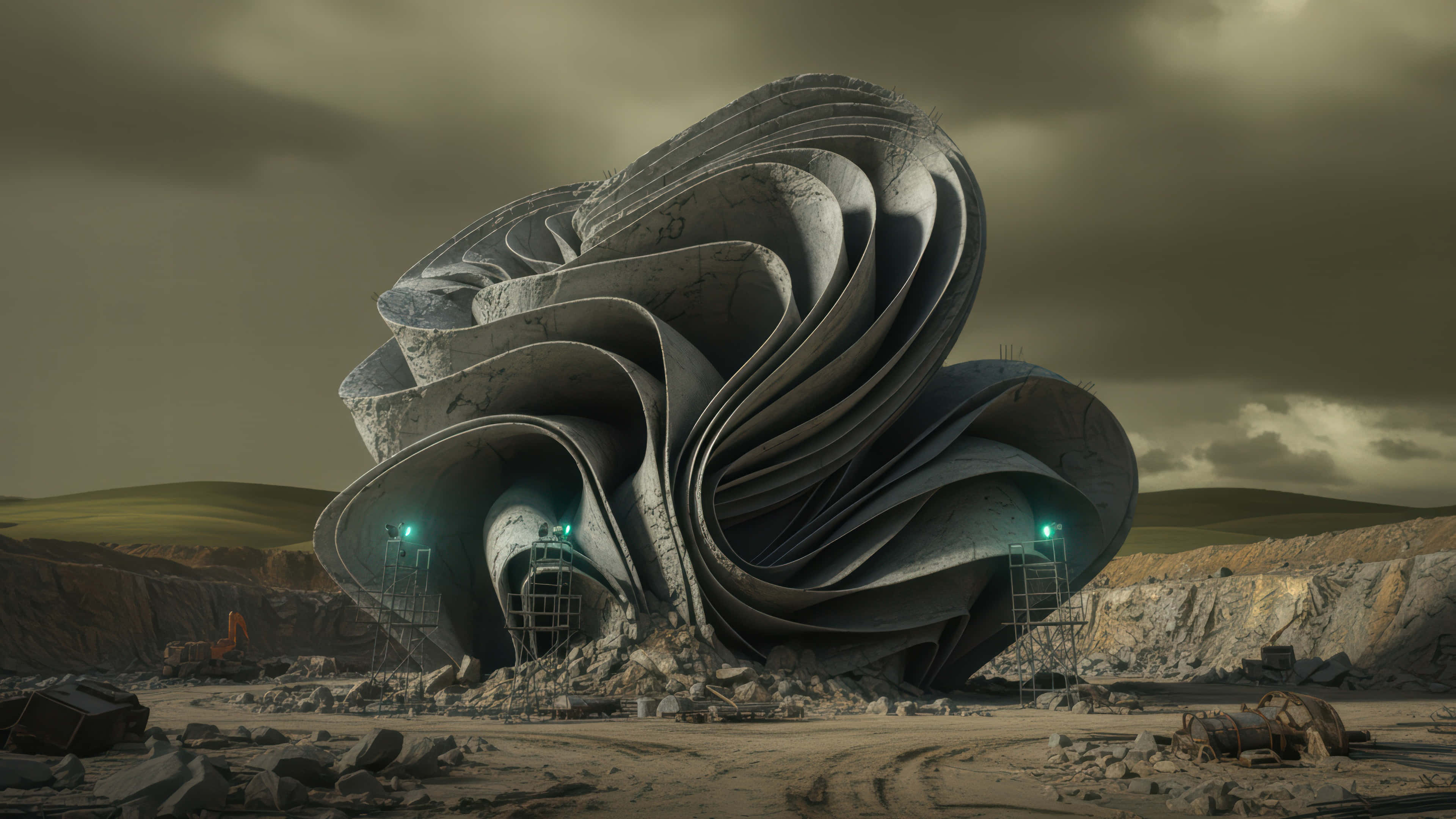 Construction Bloom, spiraling concrete structure, barren quarry, 4K Desktop Wallpaper