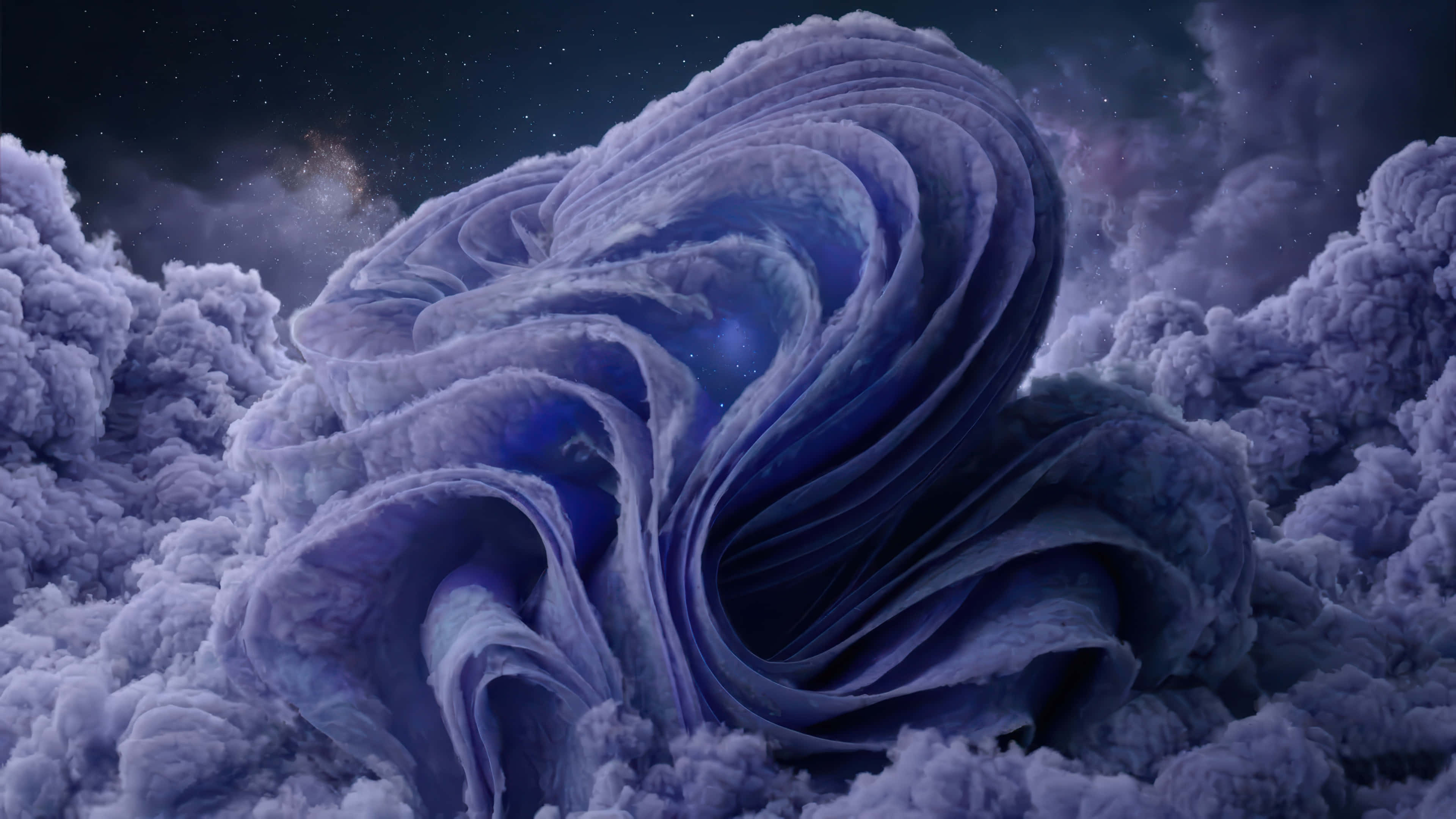 Clouds Bloom, textured purple clouds, starry night sky, 4K Desktop Wallpaper
