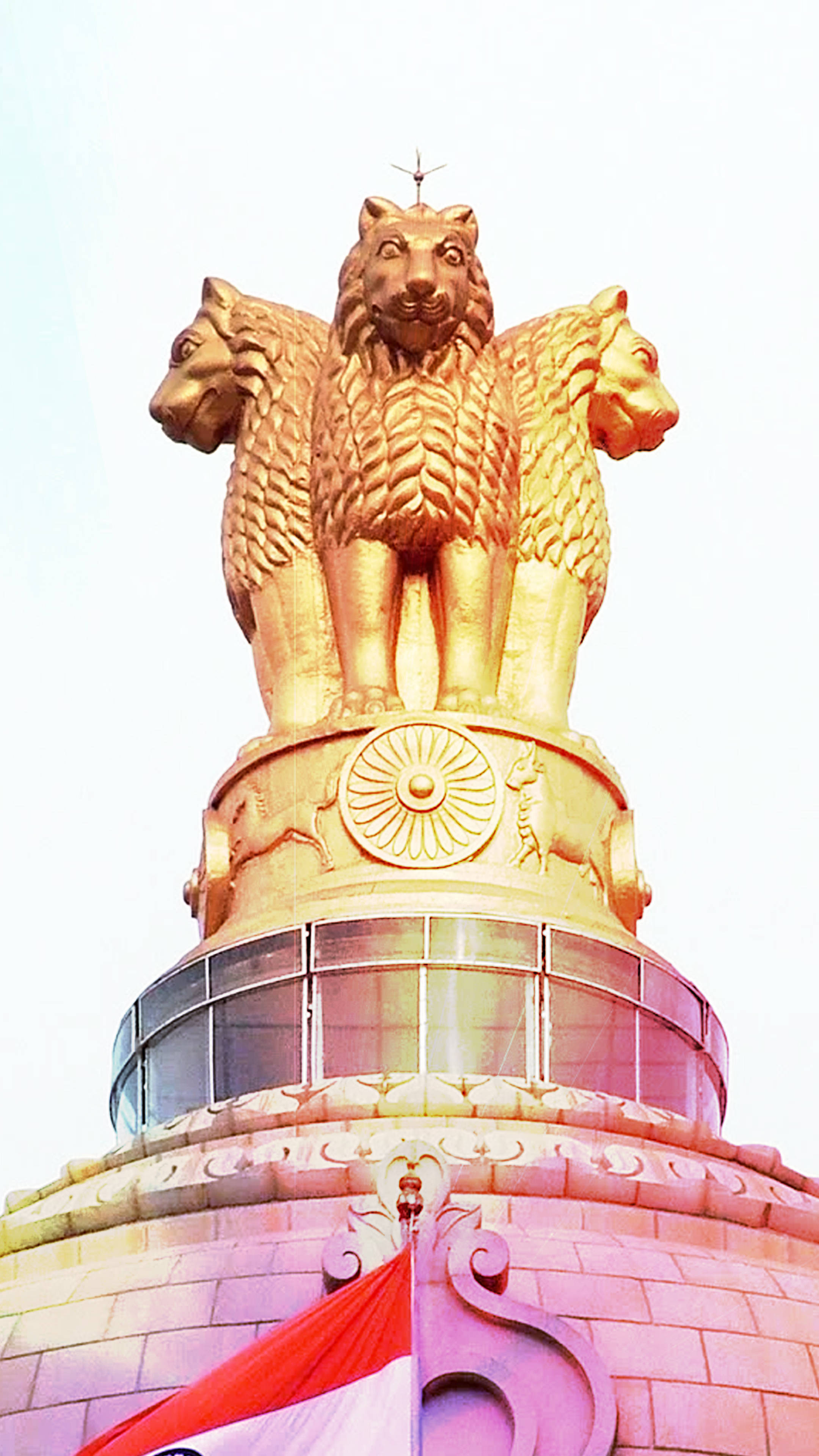 UPSC, golden four-headed lion statue, grand pedestal, 4K Phone Wallpaper