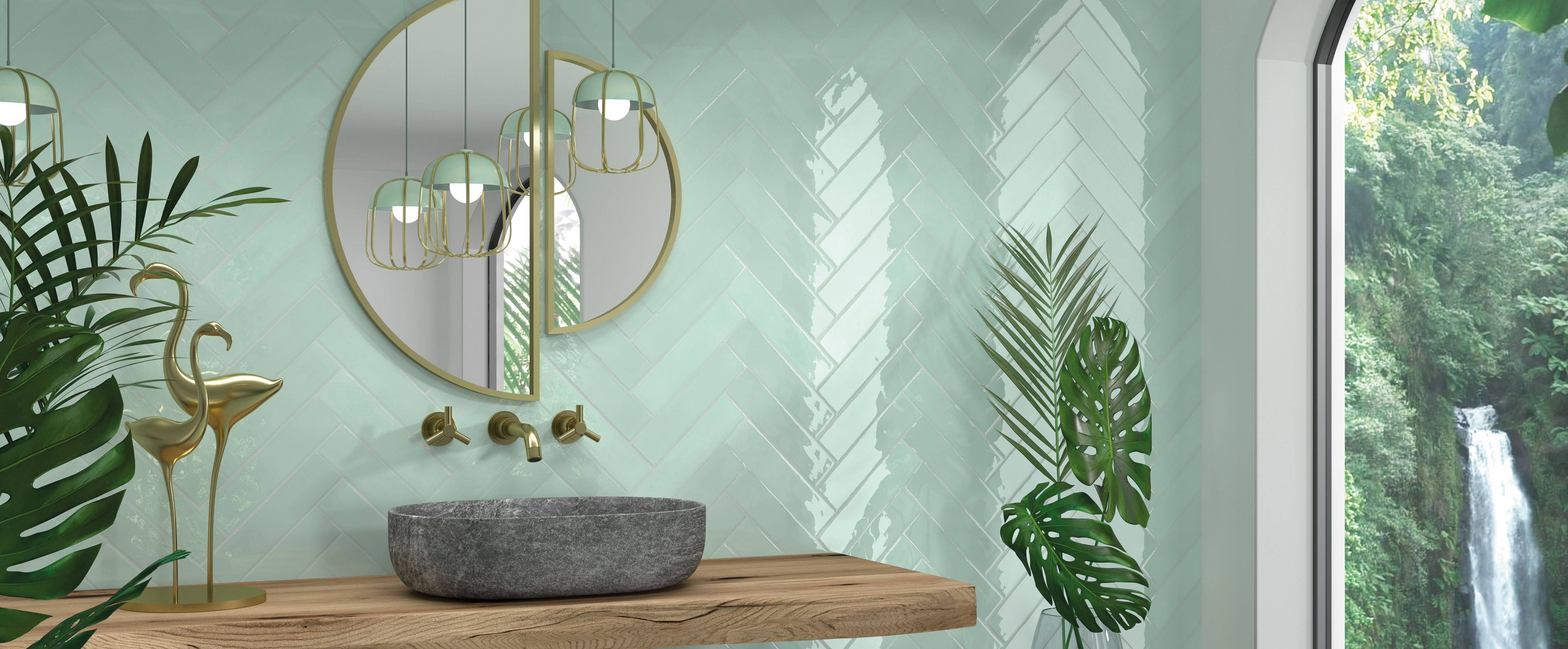 mint green, herringbone wallpaper, wooden vanity, 4K Desktop Wallpaper