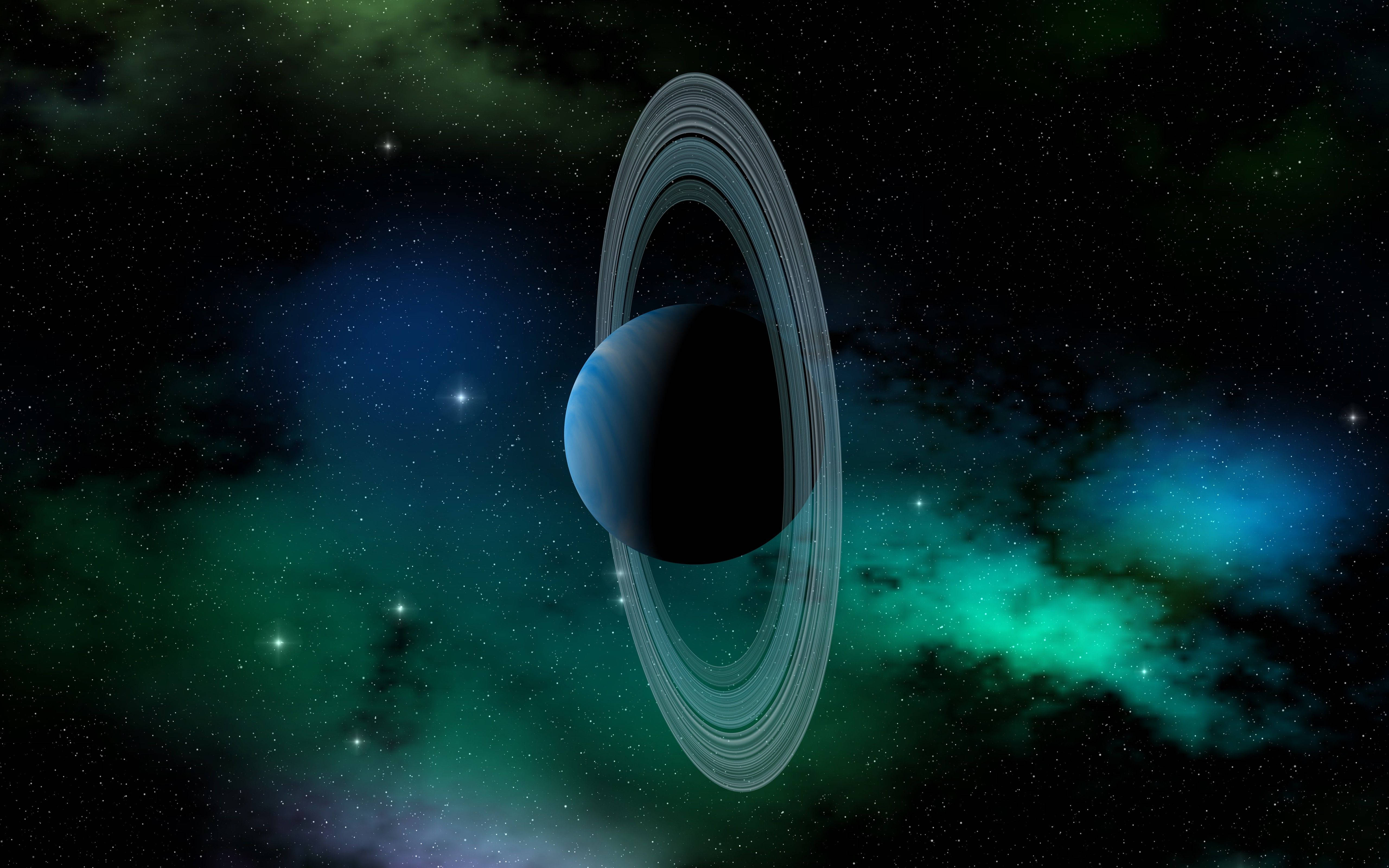 Aurora Uranus, ringed planet, blue and black hues, 5K Desktop Wallpaper