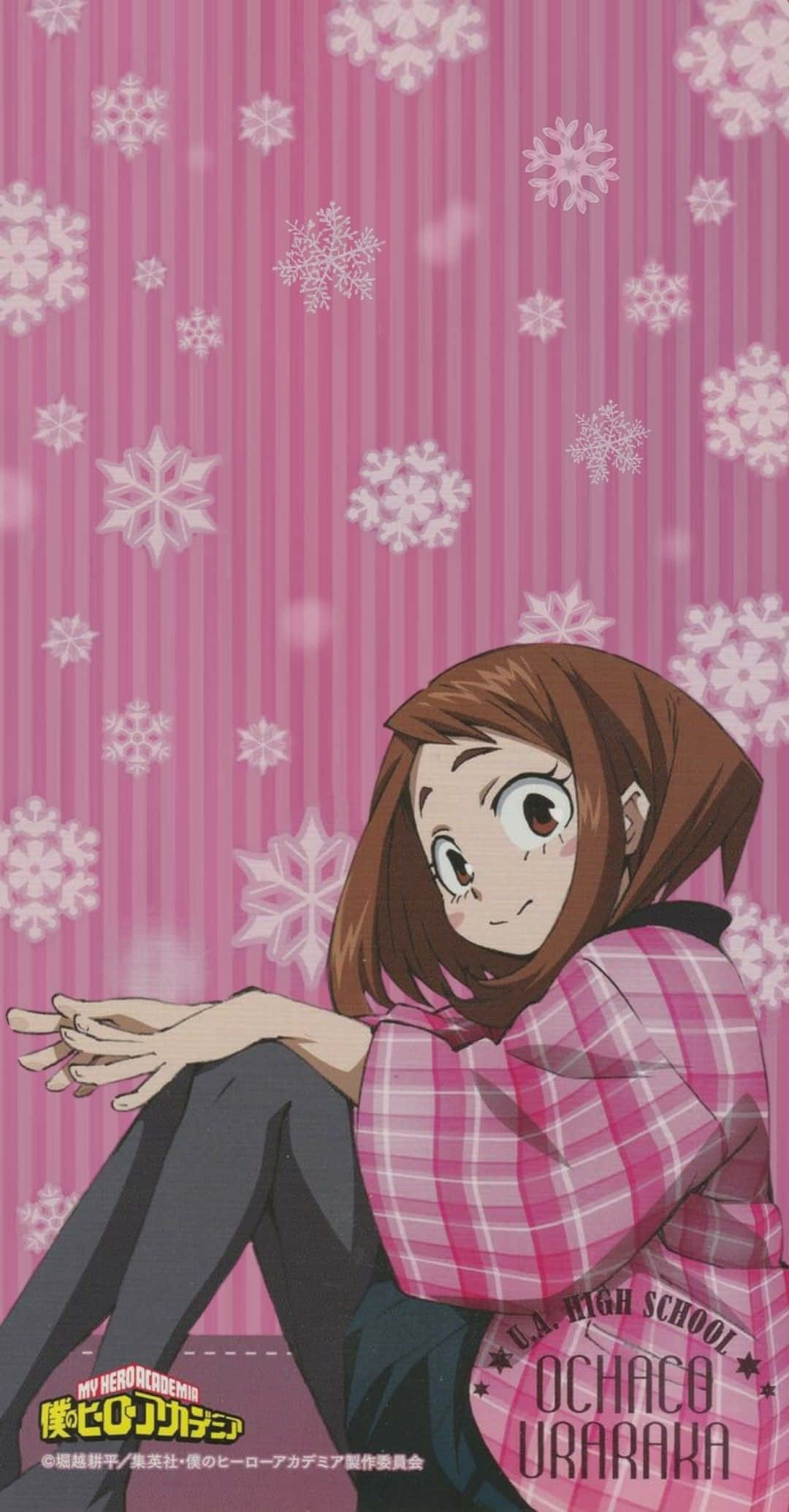 Uraraka Aesthetic, pink striped background, white snowflakes, Full HD Phone Wallpaper