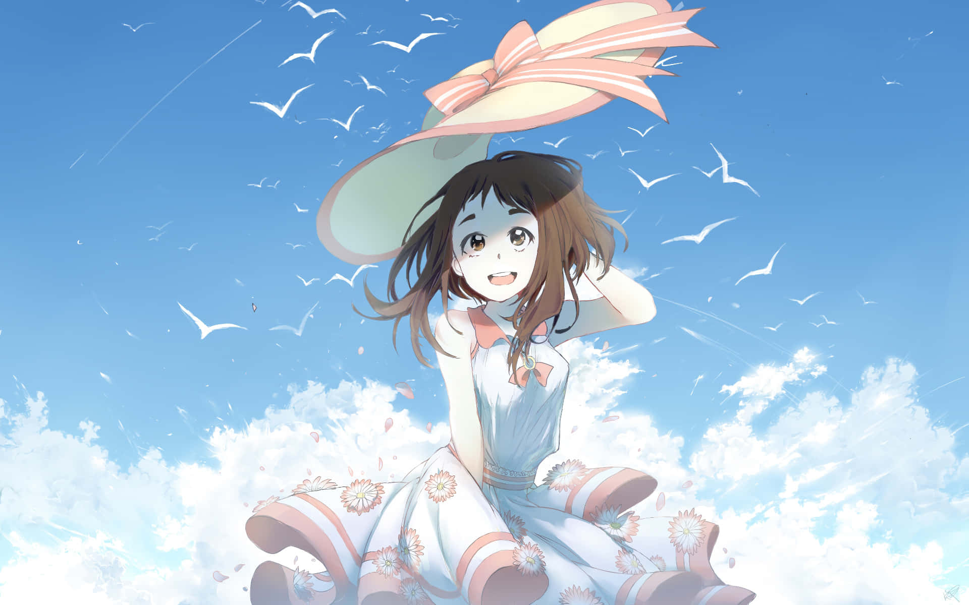 Uraraka Aesthetic, floral dress, large hat, Full HD Desktop Wallpaper